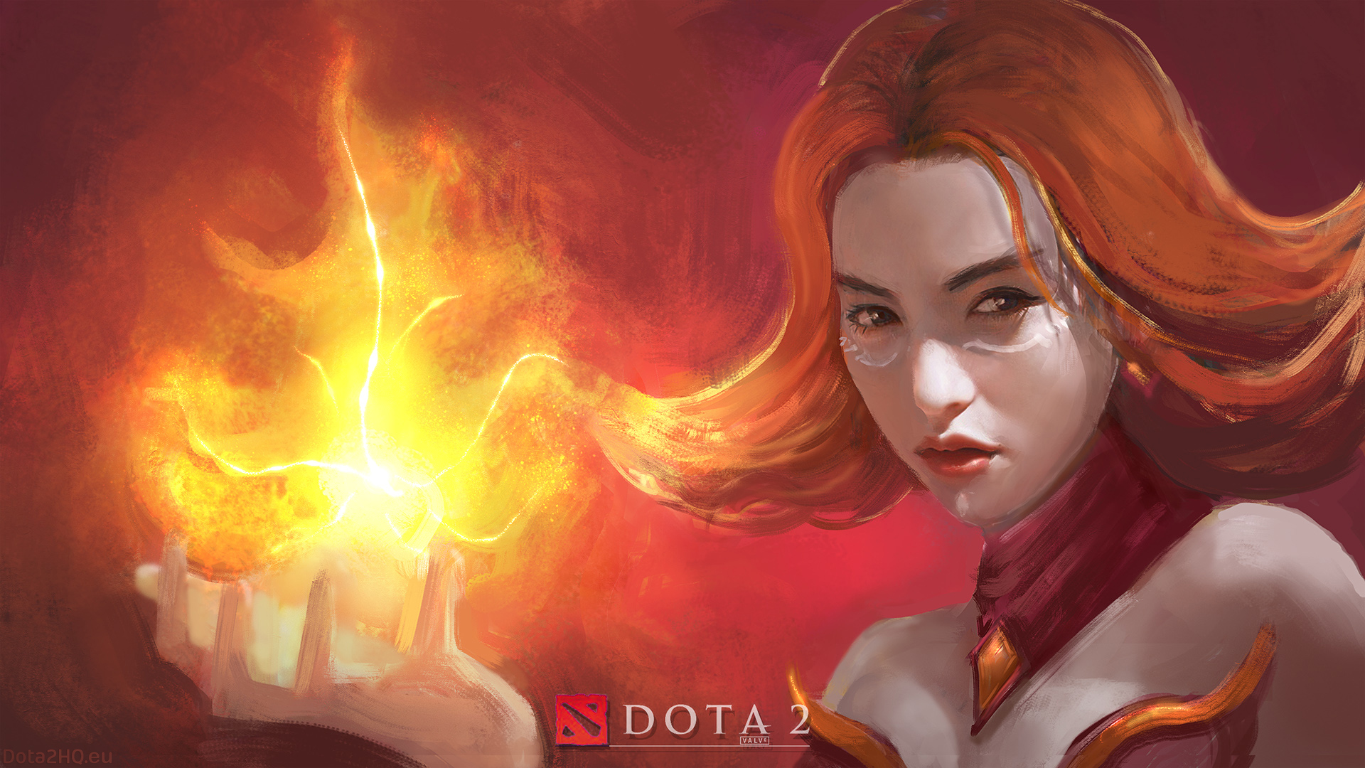 Women Redhead Fire Digital Art Dota 2 Video Games Lina 1920x1080