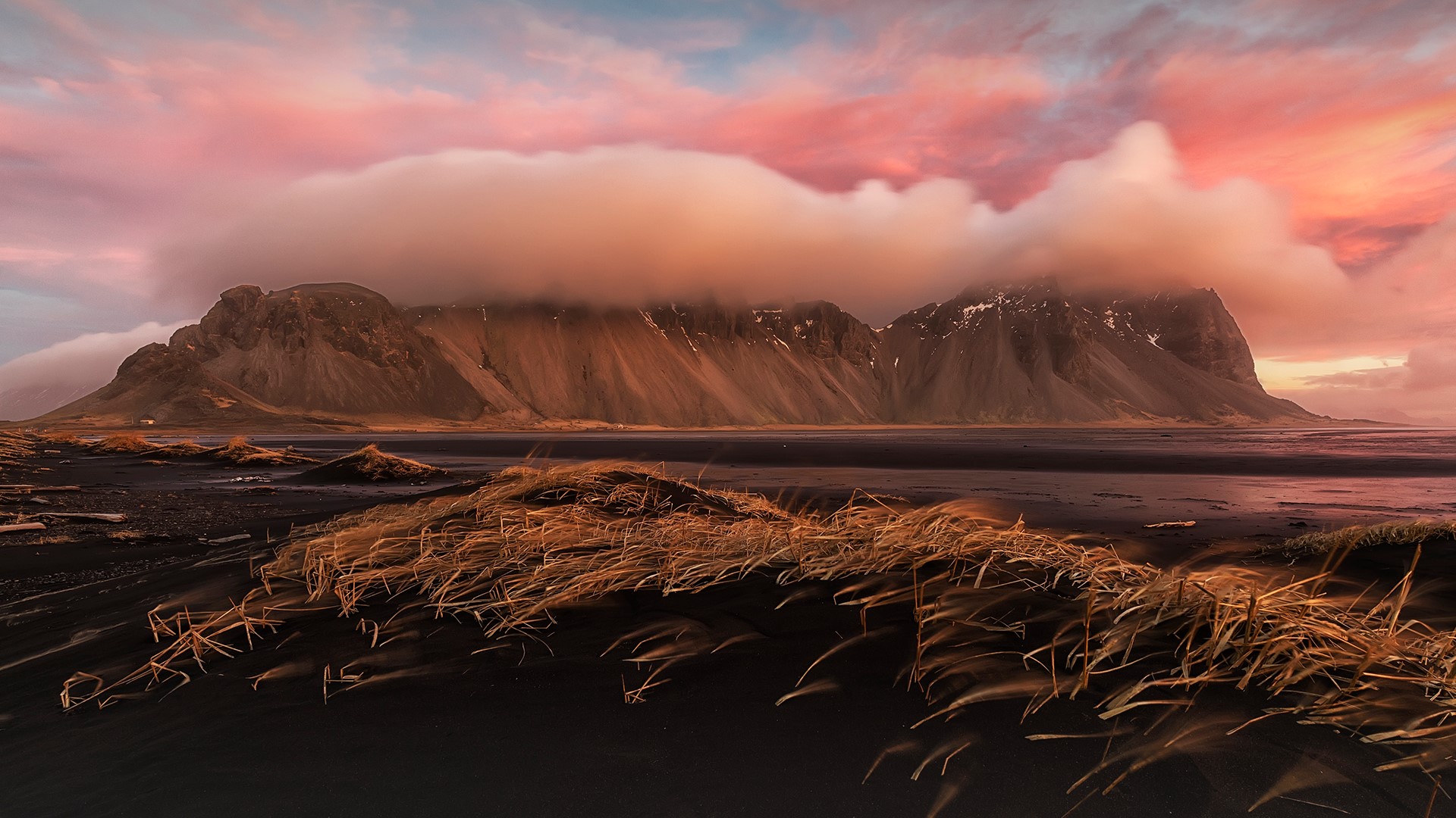 Nature Landscape Black Sand Clouds Mountains Plants Sky Sunset Long Exposure Iceland Cliff Stokksnes 1920x1080