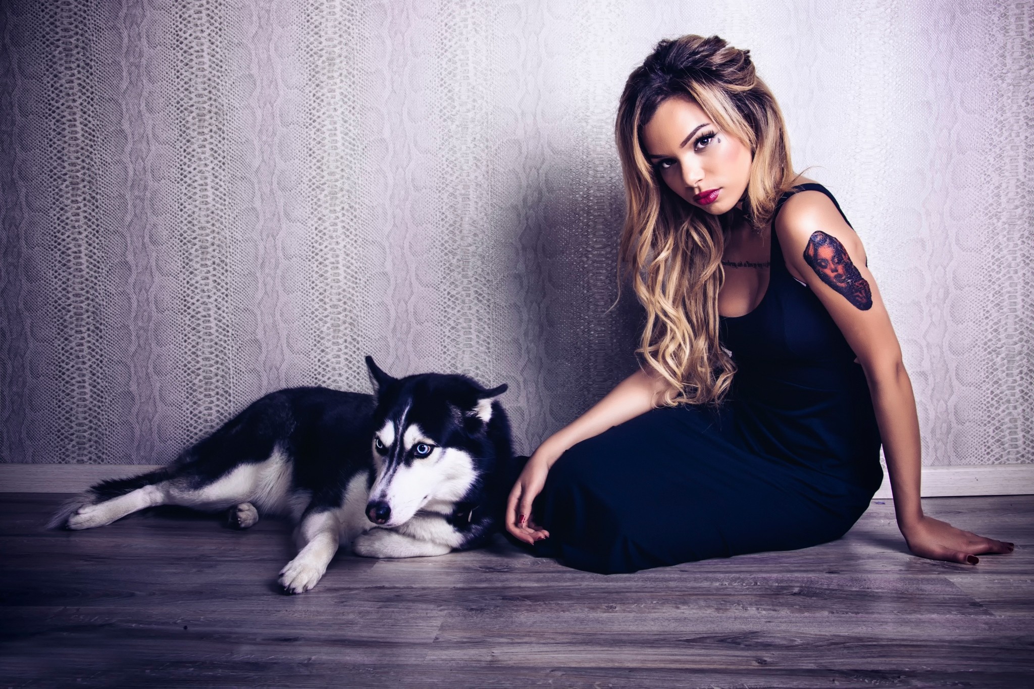 Women Model Blonde Long Hair Tattoo Animals Dog Sitting On The Floor Black Dress Siberian Husky Sibe 2048x1365
