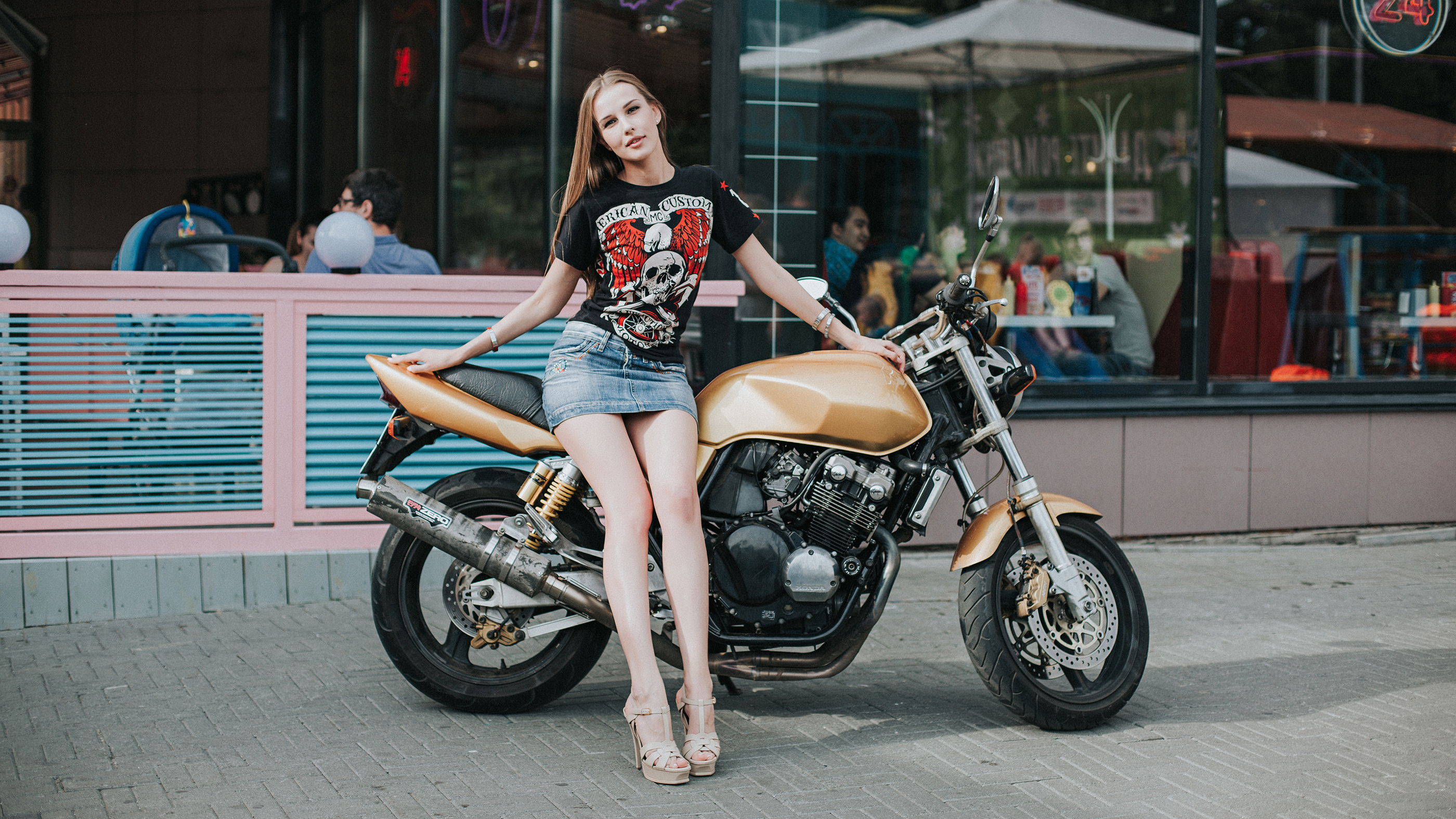 Women Anton Harisov Fotoshi Toshi Motorcycle Skirt T Shirt High Heels Women Outdoors Brunette Denim  2800x1575