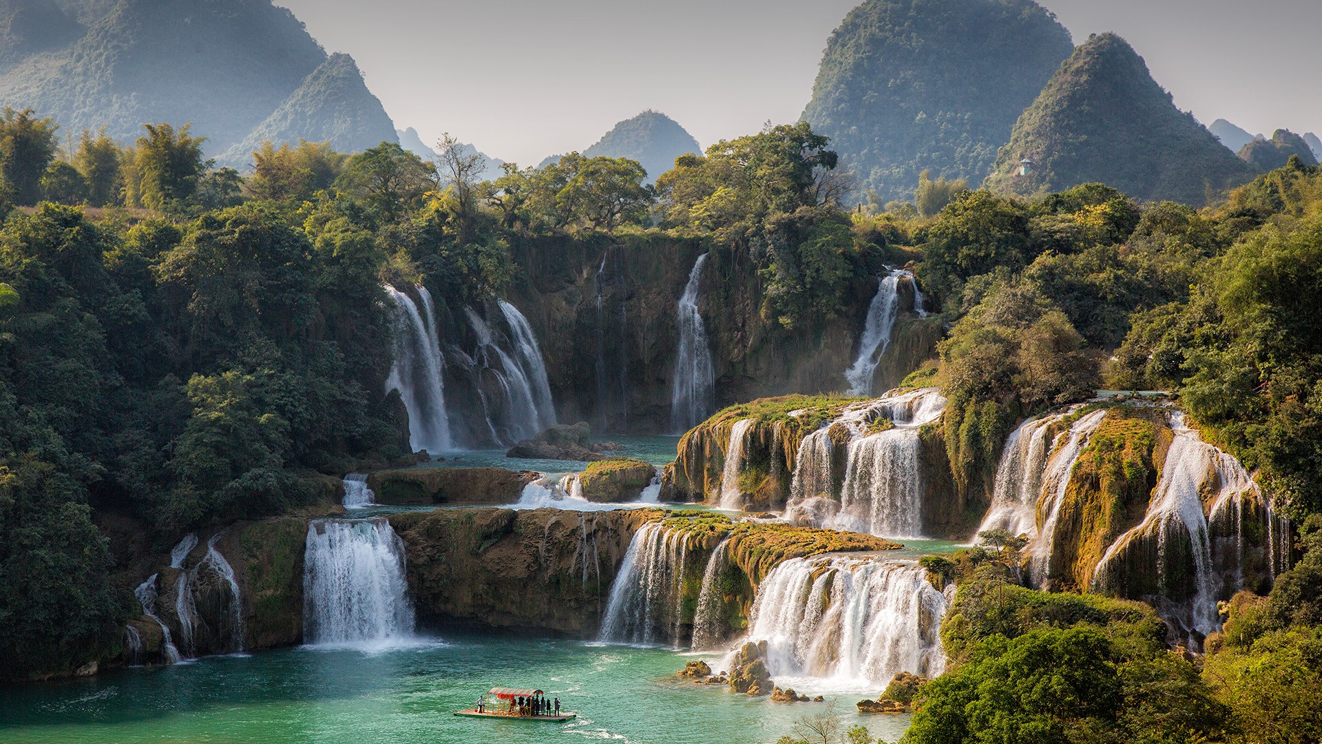 Lake Landscape China Vietnam Forest Mountains Water Boat Detian Falls Quay S N River Trees Waterfall 1920x1080