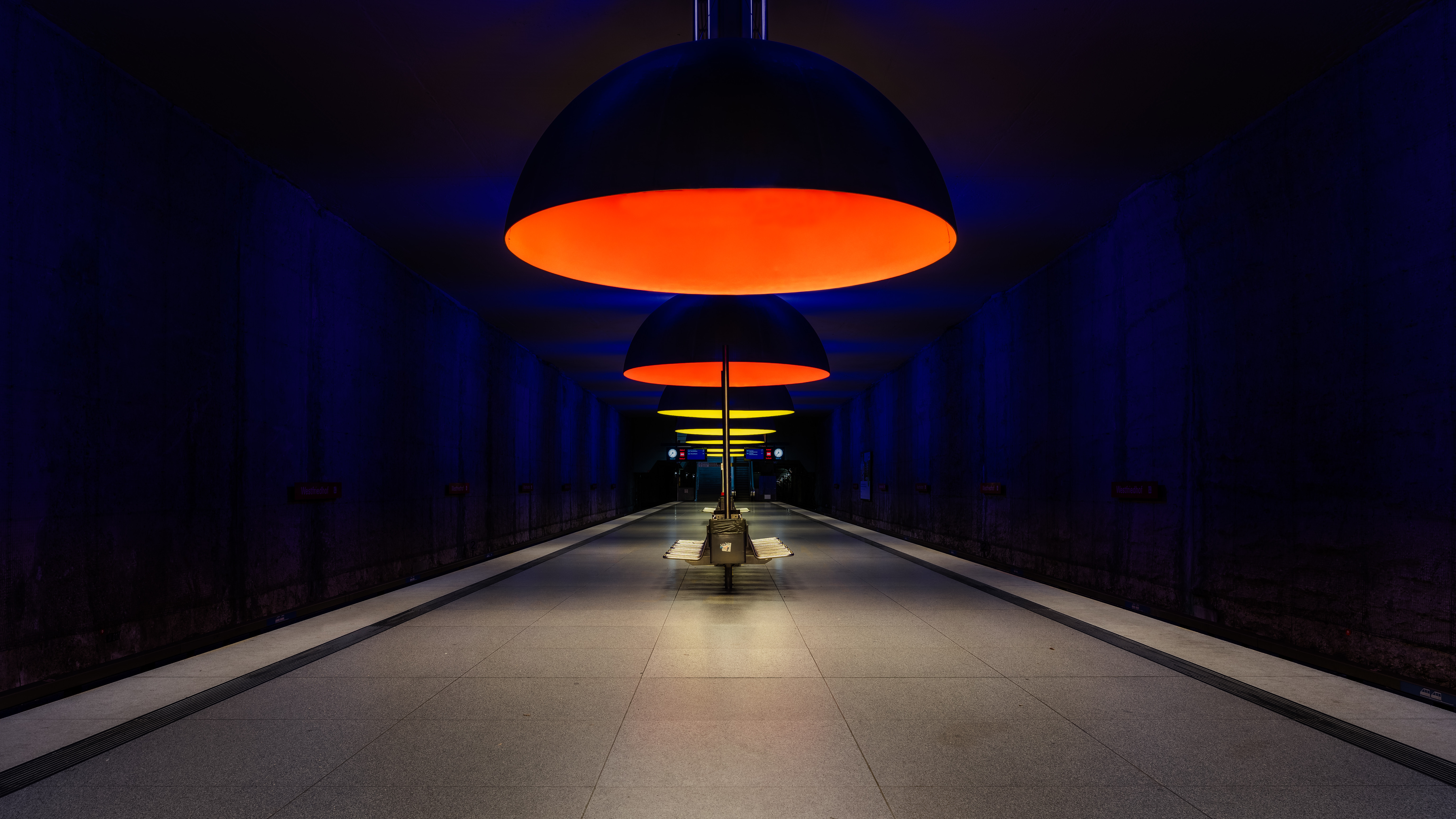 Munich Bavaria Westfriedhof Architecture Underground Platform Lights Symmetry Blue Orange 6144x3456