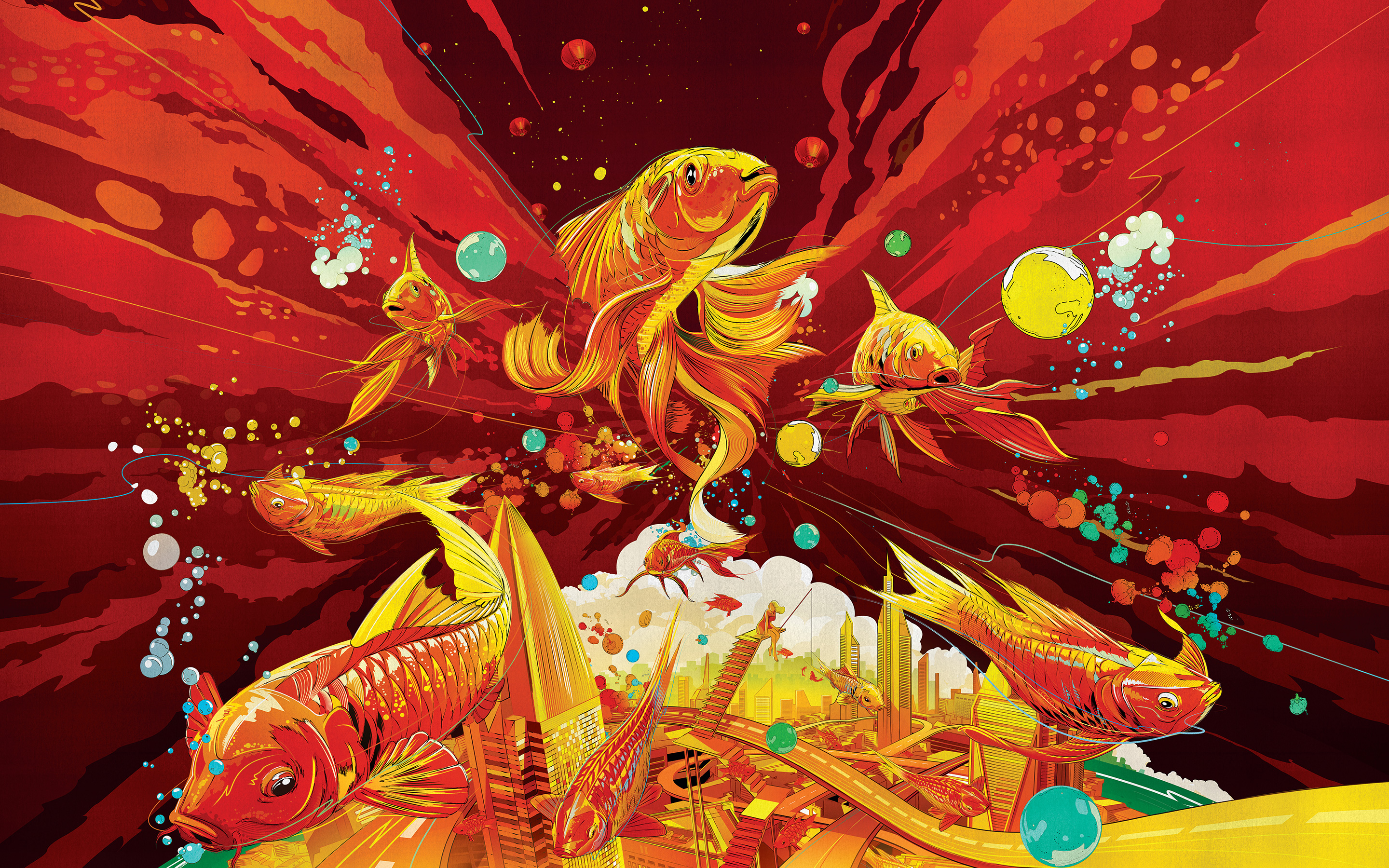 Artistic Colorful Fish City Underwater Koi Carp 2880x1800
