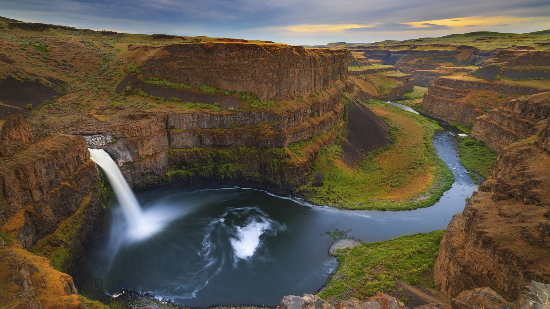 Nature Landscape Plants Water Whirlpool Clouds Sunset Spring Waterfall Rocks Mountains Long Exposure 1920x1080