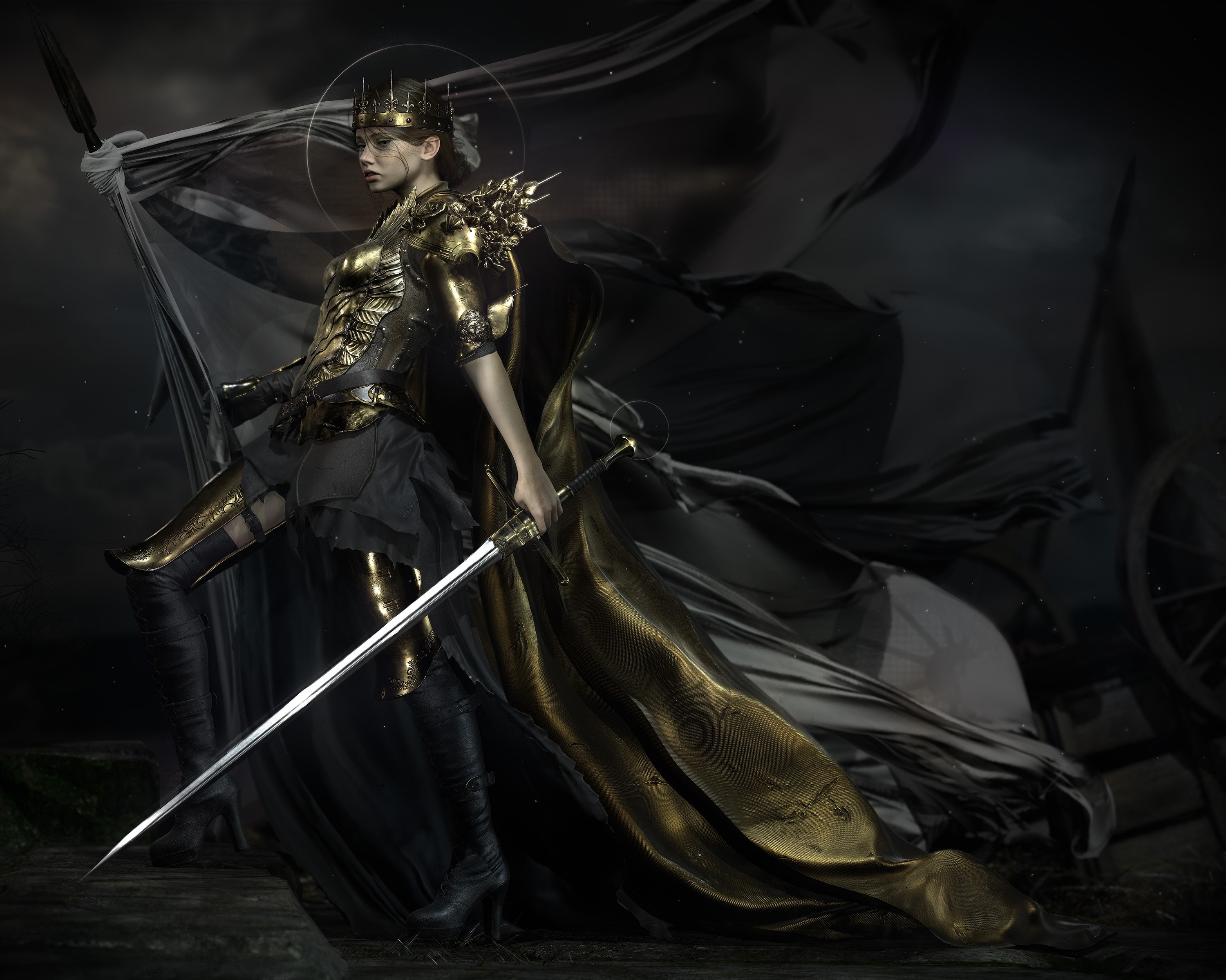 Andrea Savchenko Fantasy Art Fantasy Girl Armored Crown Sword 3000x2399