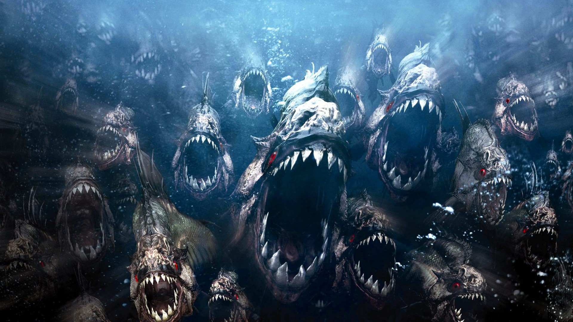 Fantasy Art Artwork Digital Art Piranhas Fish Teeth Open Mouth Underwater Red Eyes 1920x1080