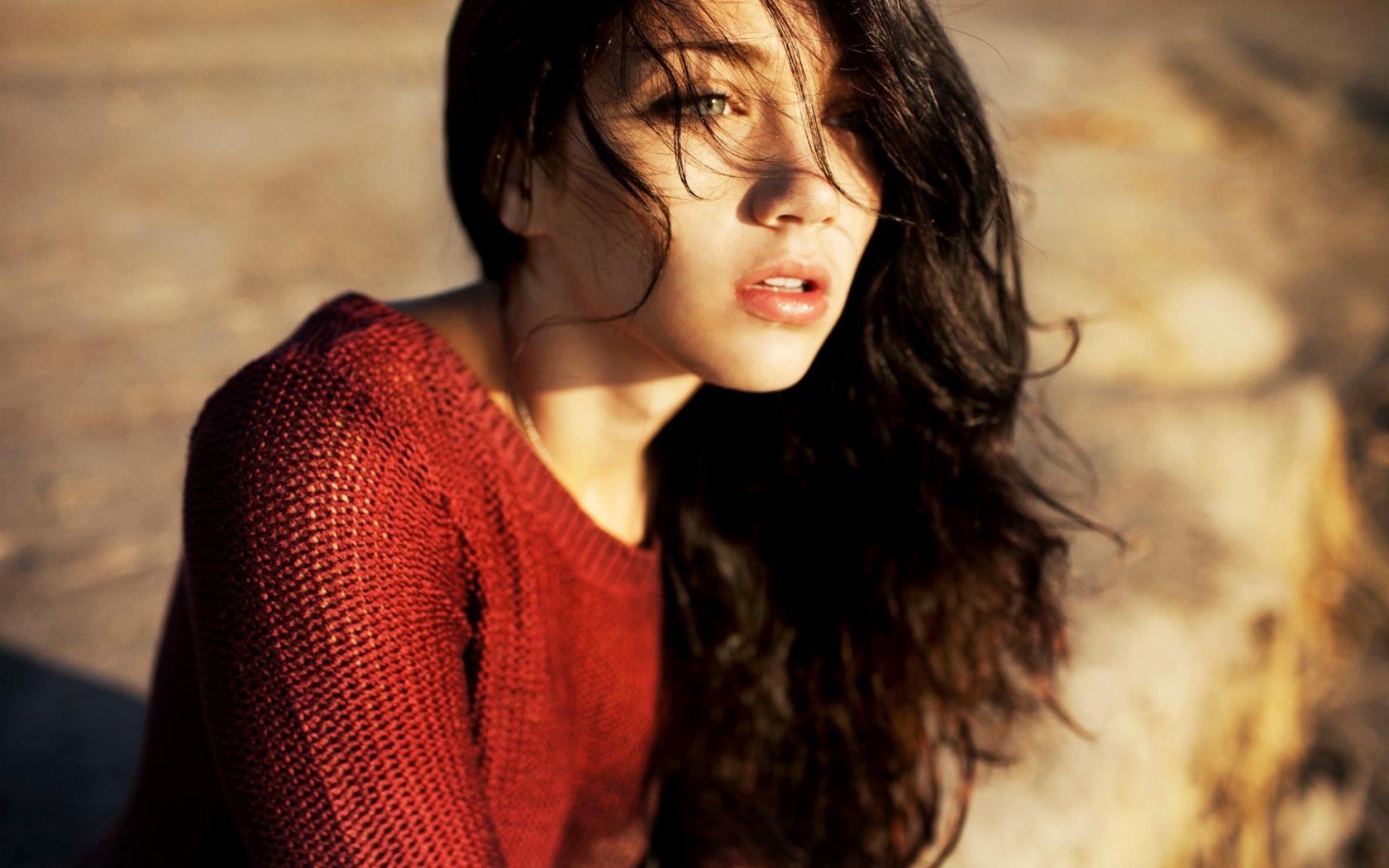 Women Emily Rudd Brunette Long Hair Face Looking Away Sweater Depth Of Field Red Sweater 1680x1050