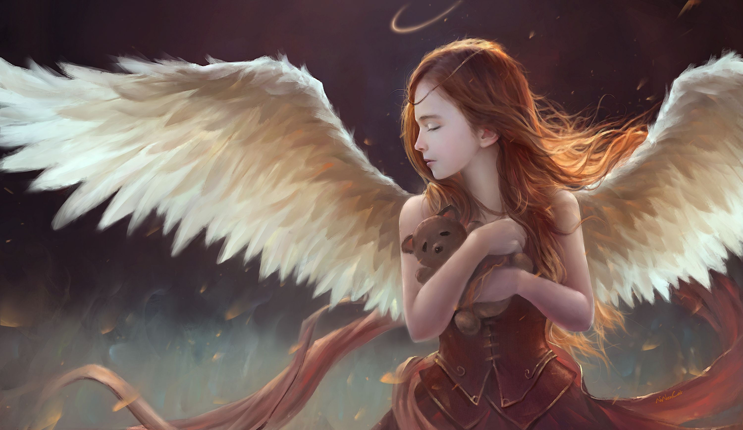 Child Girl Angel Wings Teddy Bear 3000x1739