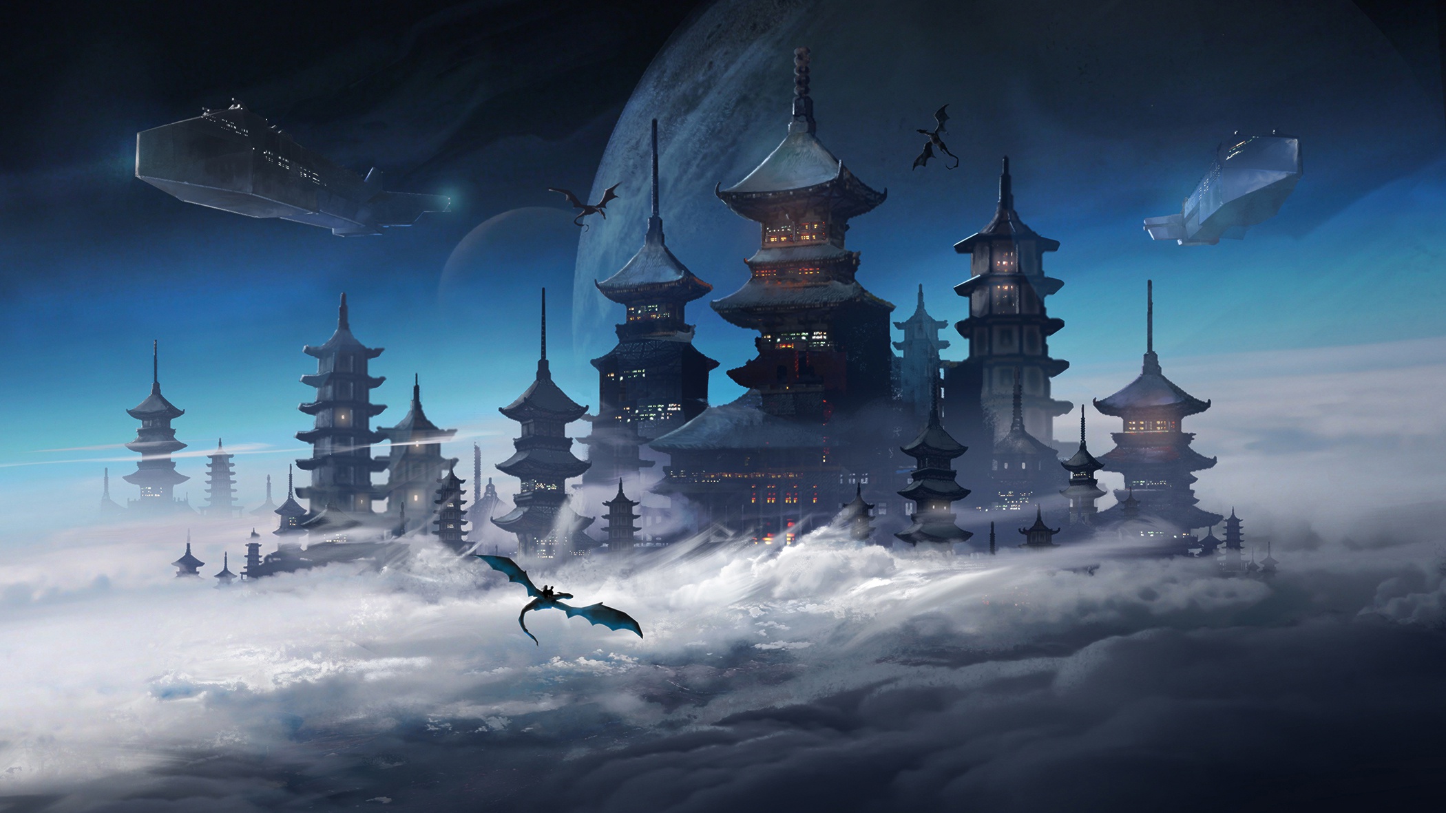 Digital Art Castle Fantasy Art Futuristic Asian Architecture Pagoda Dragon Spaceship Planet Clouds S 2100x1181