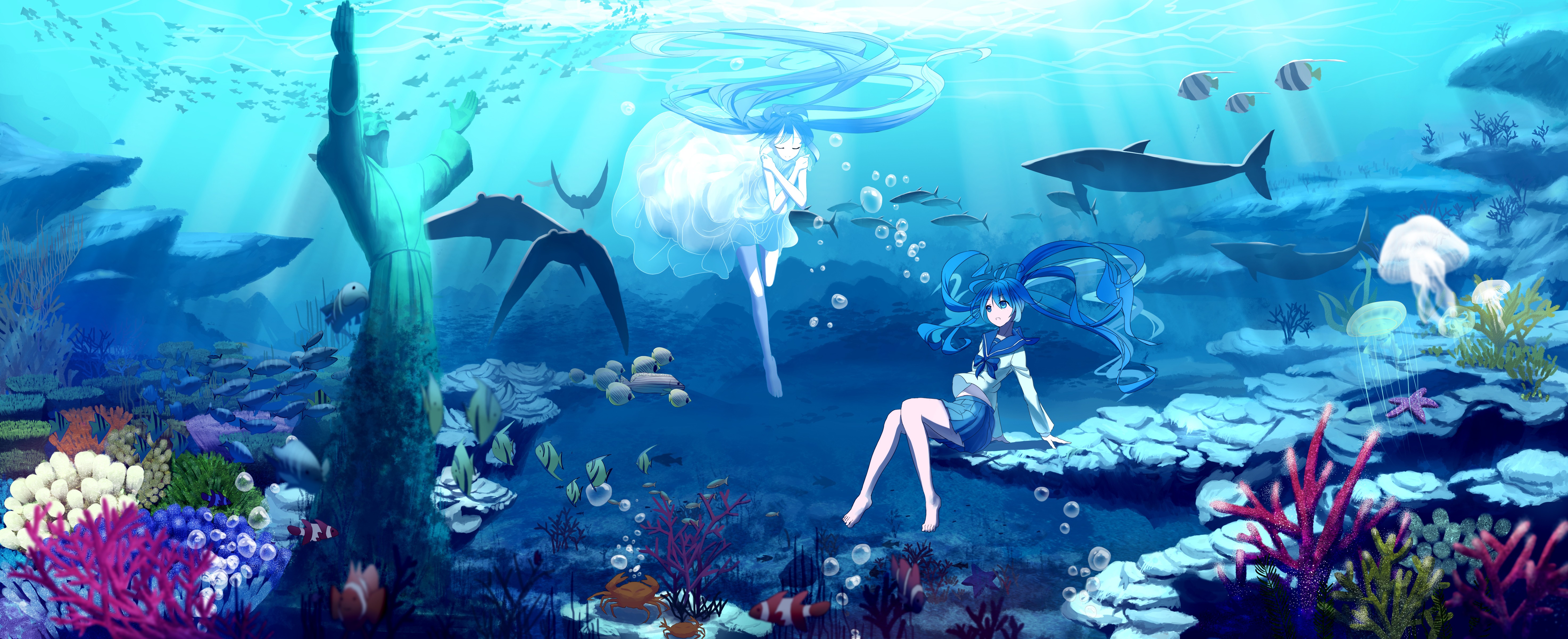 Vocaloid Hatsune Miku Long Hair Twintails Skirt Ribbon White Dress Underwater Coral Fish Crabs Statu 5894x2404