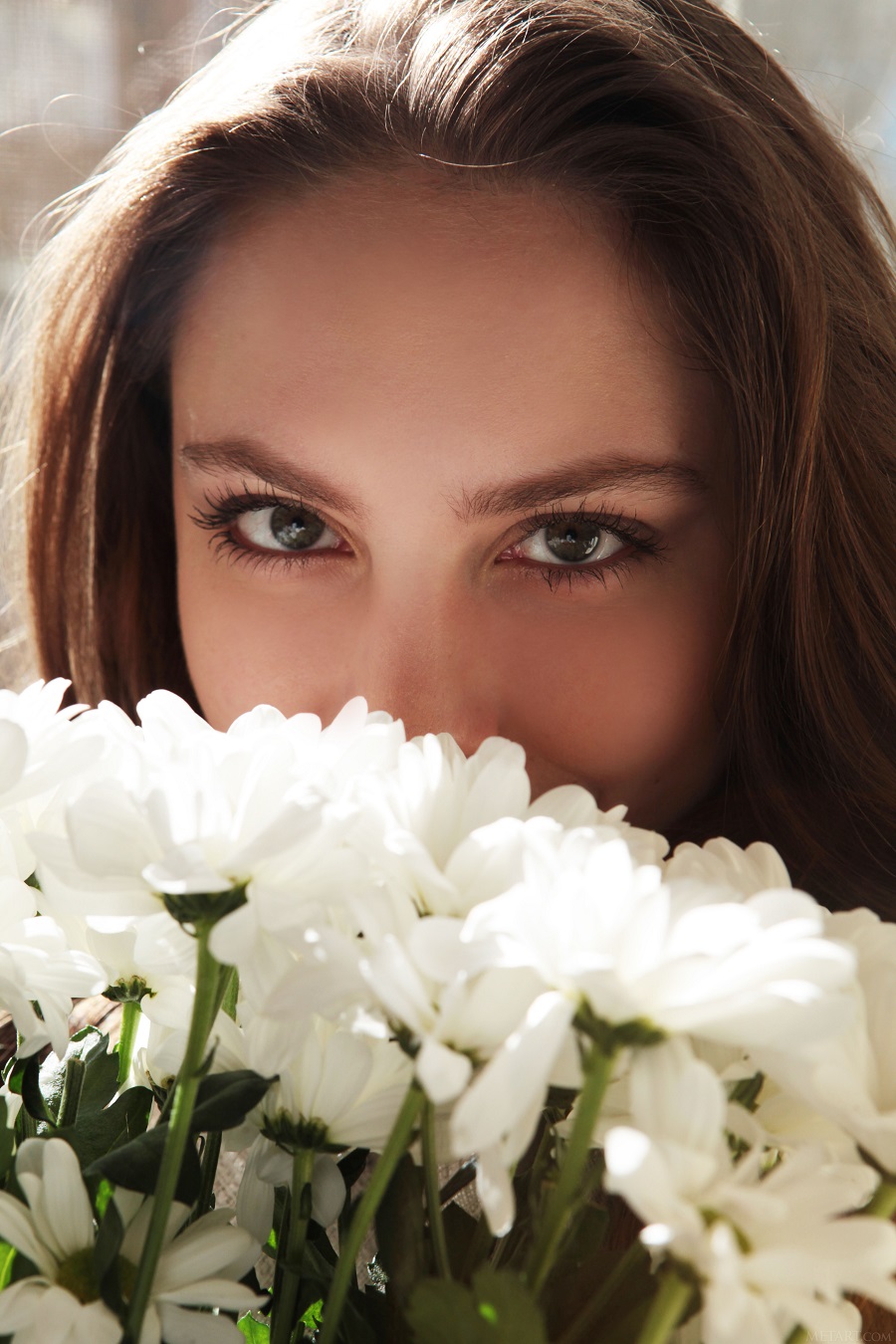 Women Model Brunette Flowers Closeup Looking At Viewer Covering Mouth 900x1350