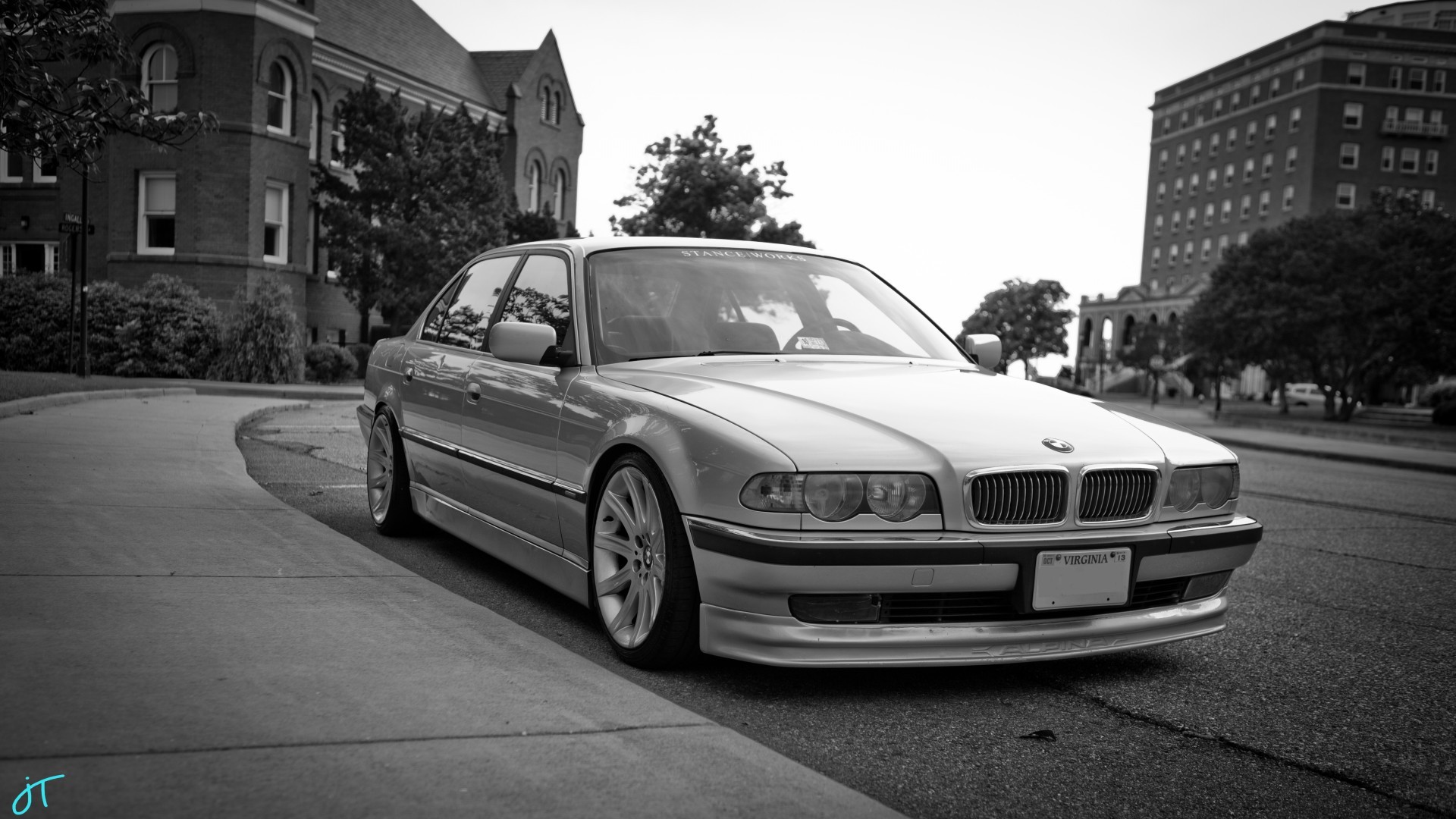 BMW Bmw E38 Car Monochrome Silver Cars Urban Vehicle Front Angle View BMW 7 Series 1920x1080