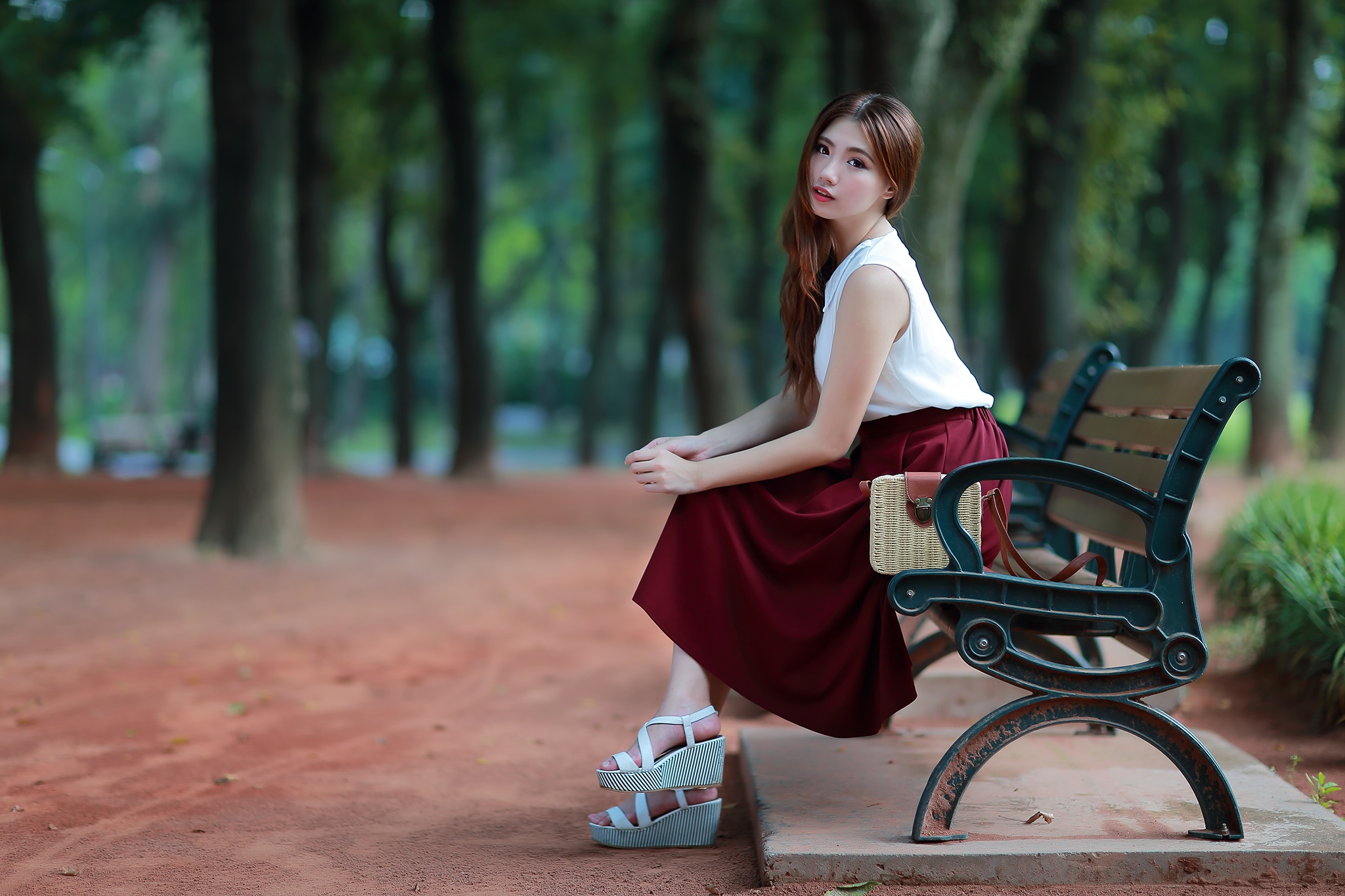Asian Women Wedge Heels Wedge Shoes Long Skirt Sitting Depth Of Field Park Looking At Viewer Brunett 2048x1365