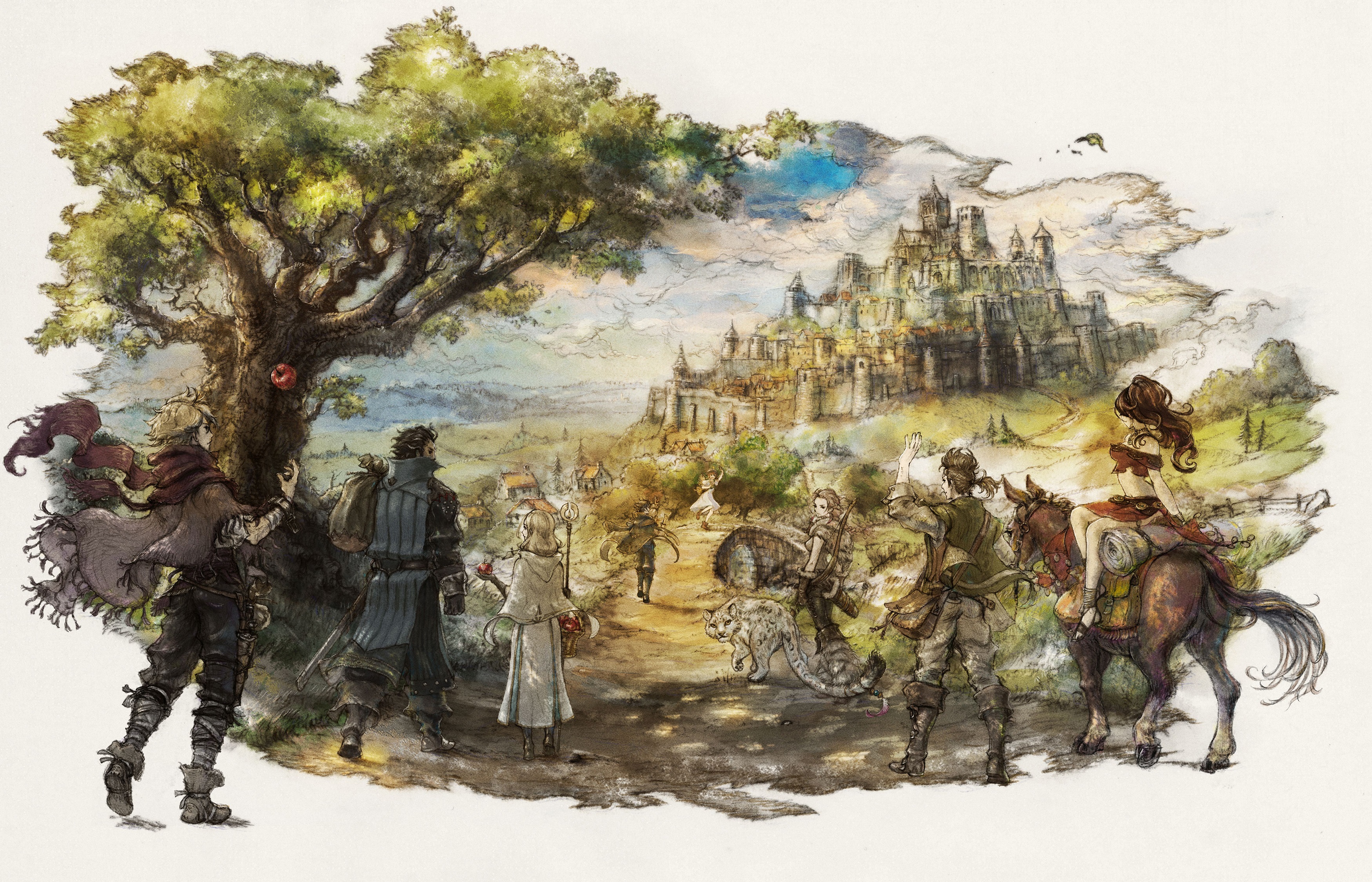 Octopath Traveler Video Games Fantasy Art Fantasy City Trees Horse Castle Apples 3500x2250