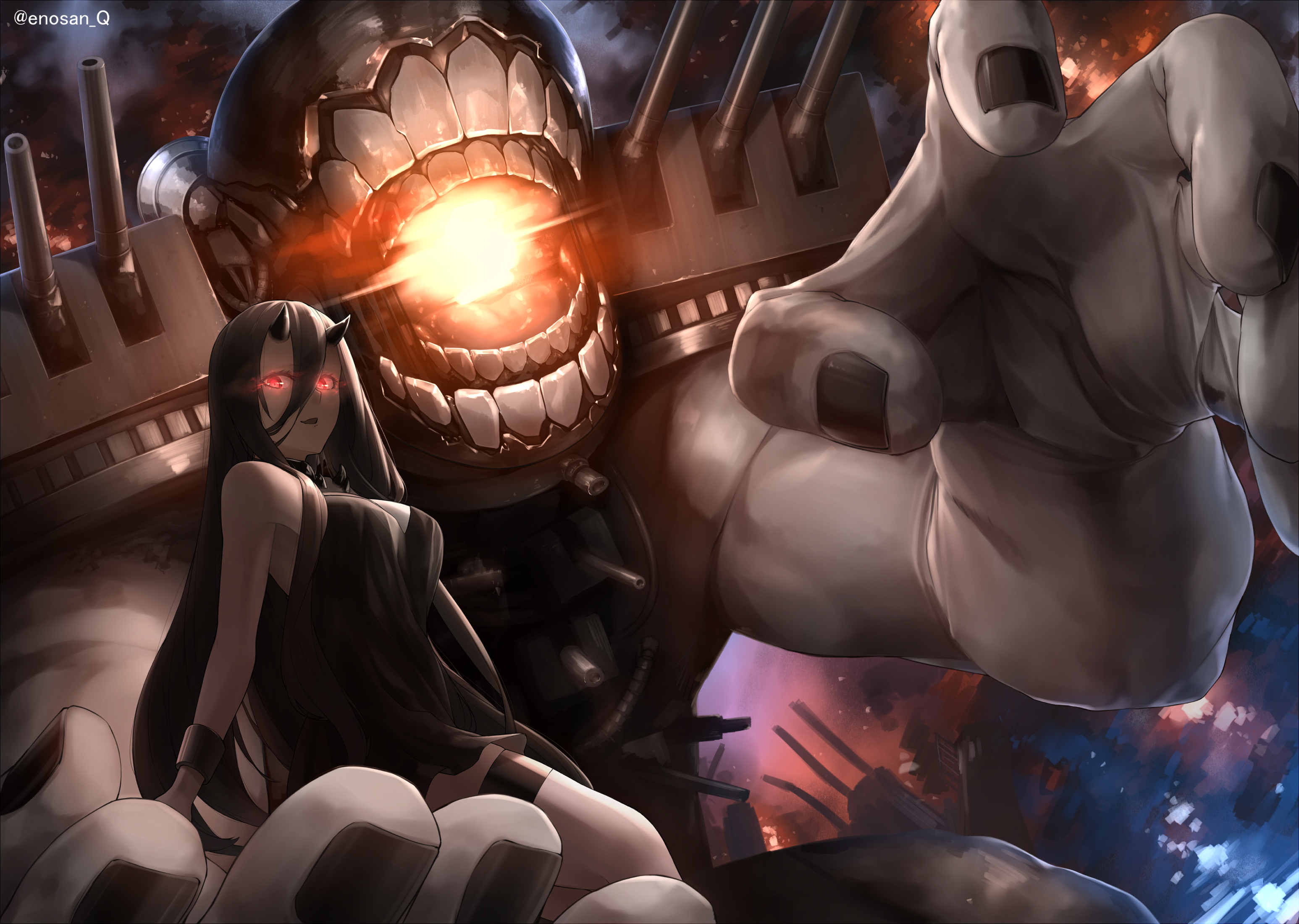 Anime Anime Girls Kantai Collection Dress Fire Giant Horns Cannons Long Hair Looking At Viewer Red E 3093x2200