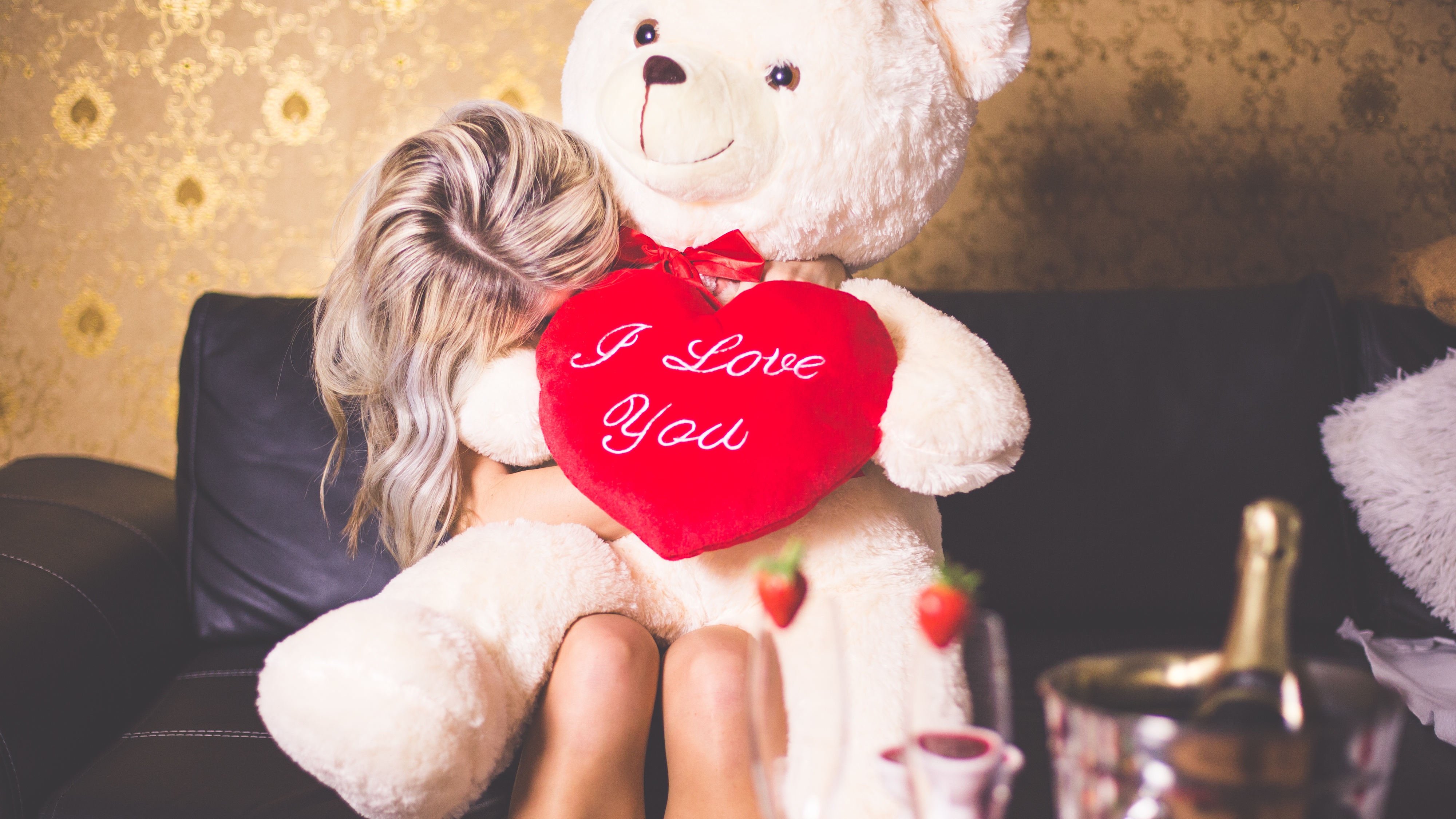 Women Blonde Dyed Hair Teddy Bears Heart Pillow Couch Strawberries Champagne Love Red Bow Stuffed An 4000x2250