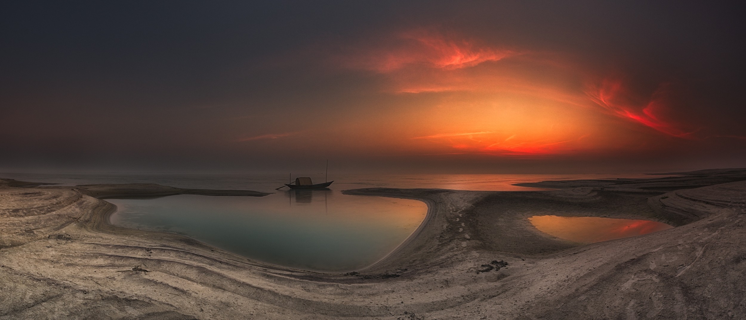 Photography Nature River Island Boat Morning Sunlight Sky Sand Calm Bangladesh Landscape 2500x1072