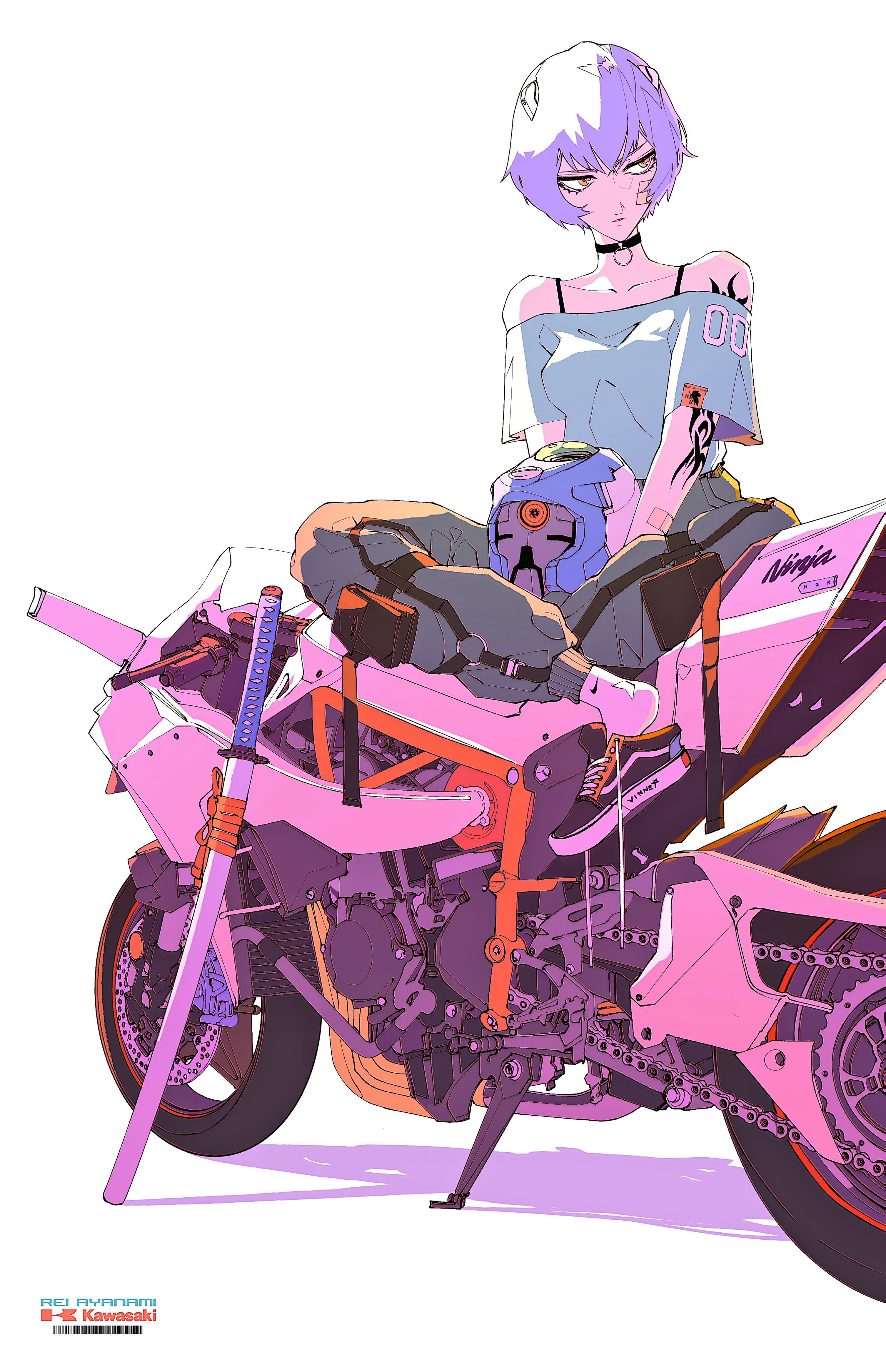 Neon Genesis Evangelion Anime Girls Motorcycle Short Hair Inked Girls 2D Redesigned Ayanami Rei Simp 2645x4096