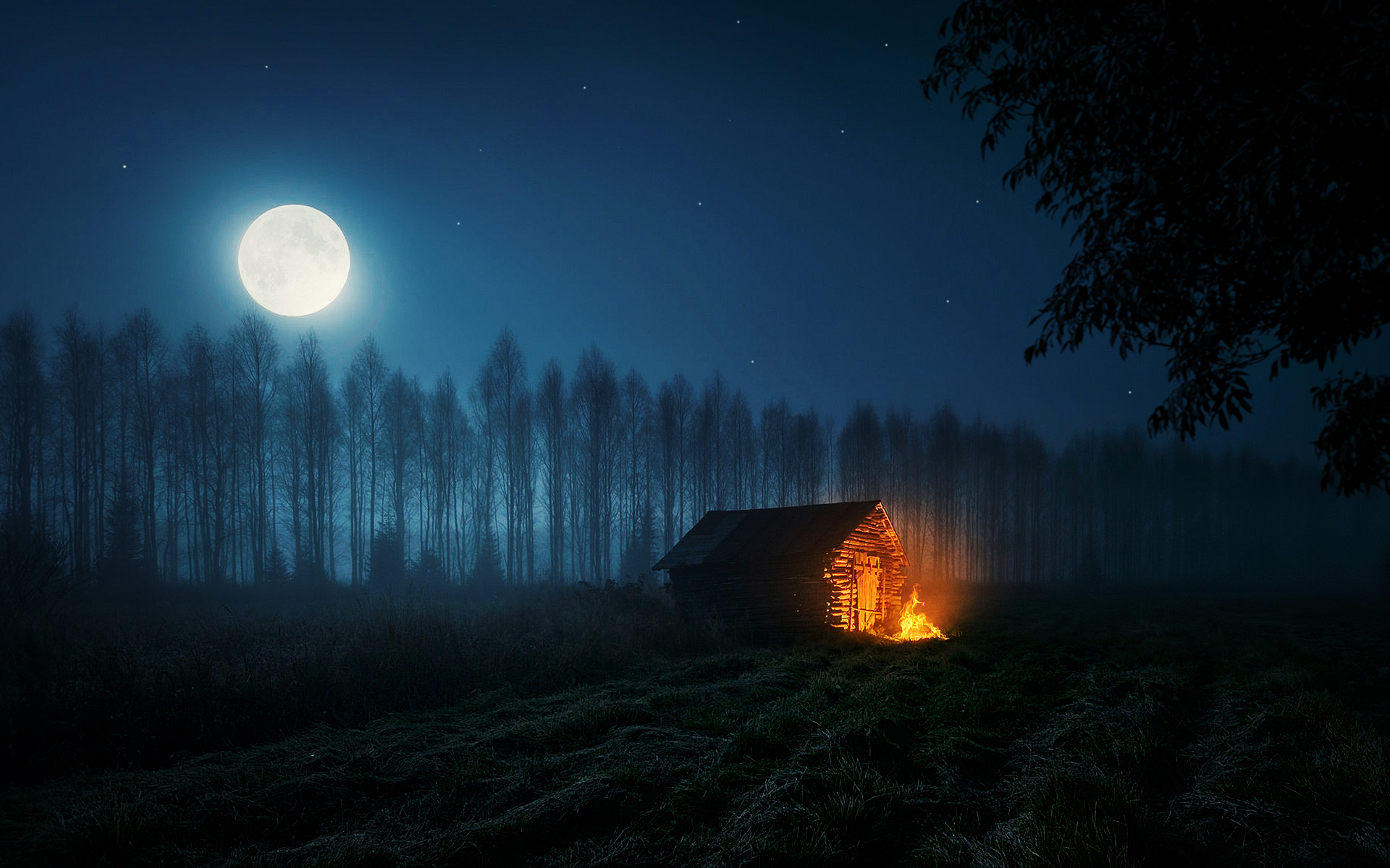Moon Phases Stars Nature Sky Night Trees Moonlight Cabin Fire 1920x1200