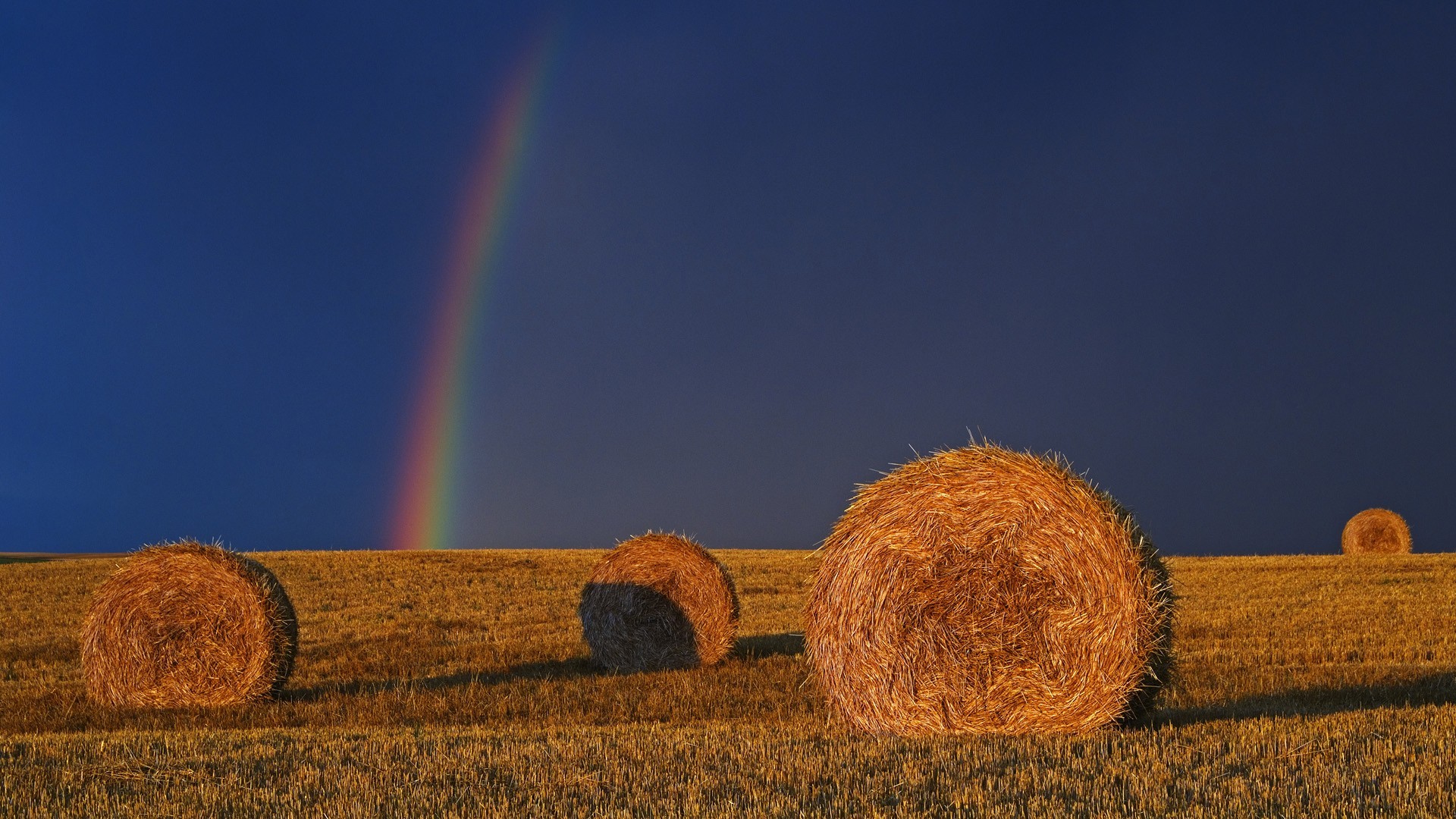 Rainbows Haystacks Field Sunlight 1920x1080
