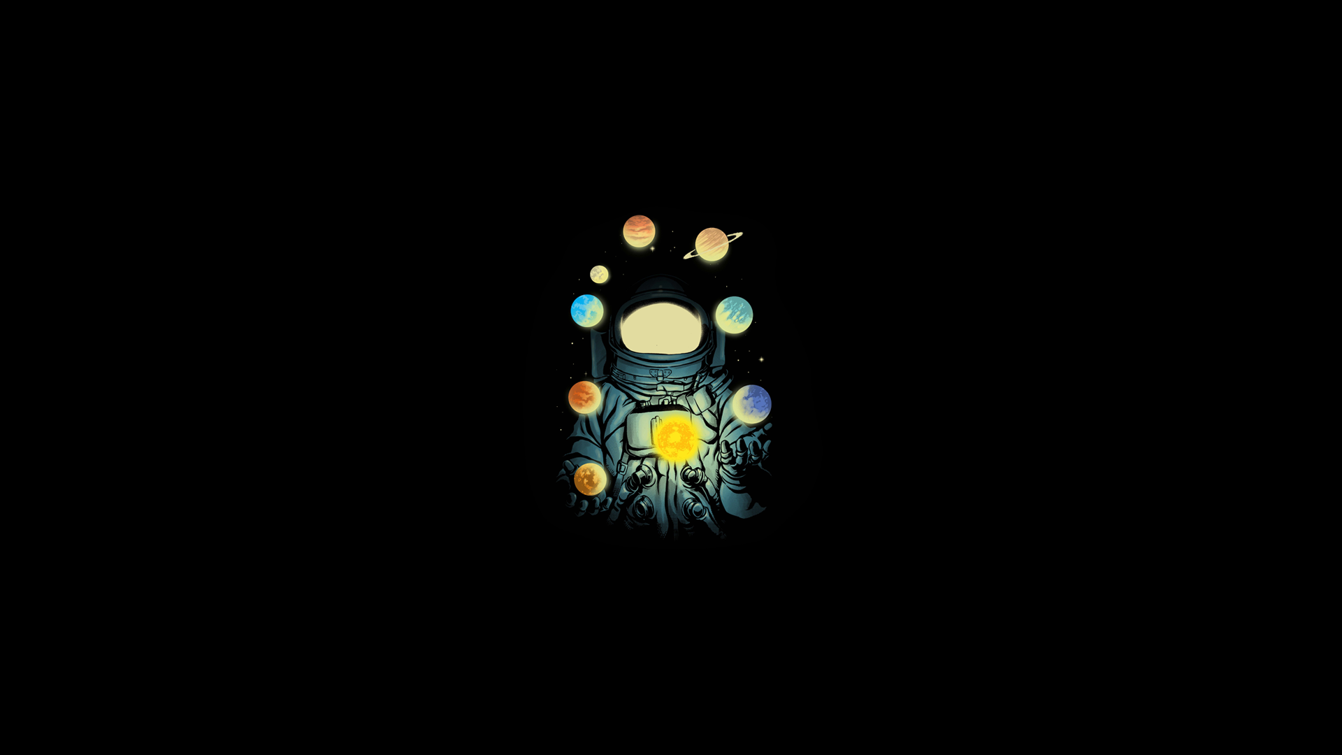 Astronaut Space Planet Juggler Solar System Sun Earth Mars Saturn Jupiter Neptune Black Background 1920x1080