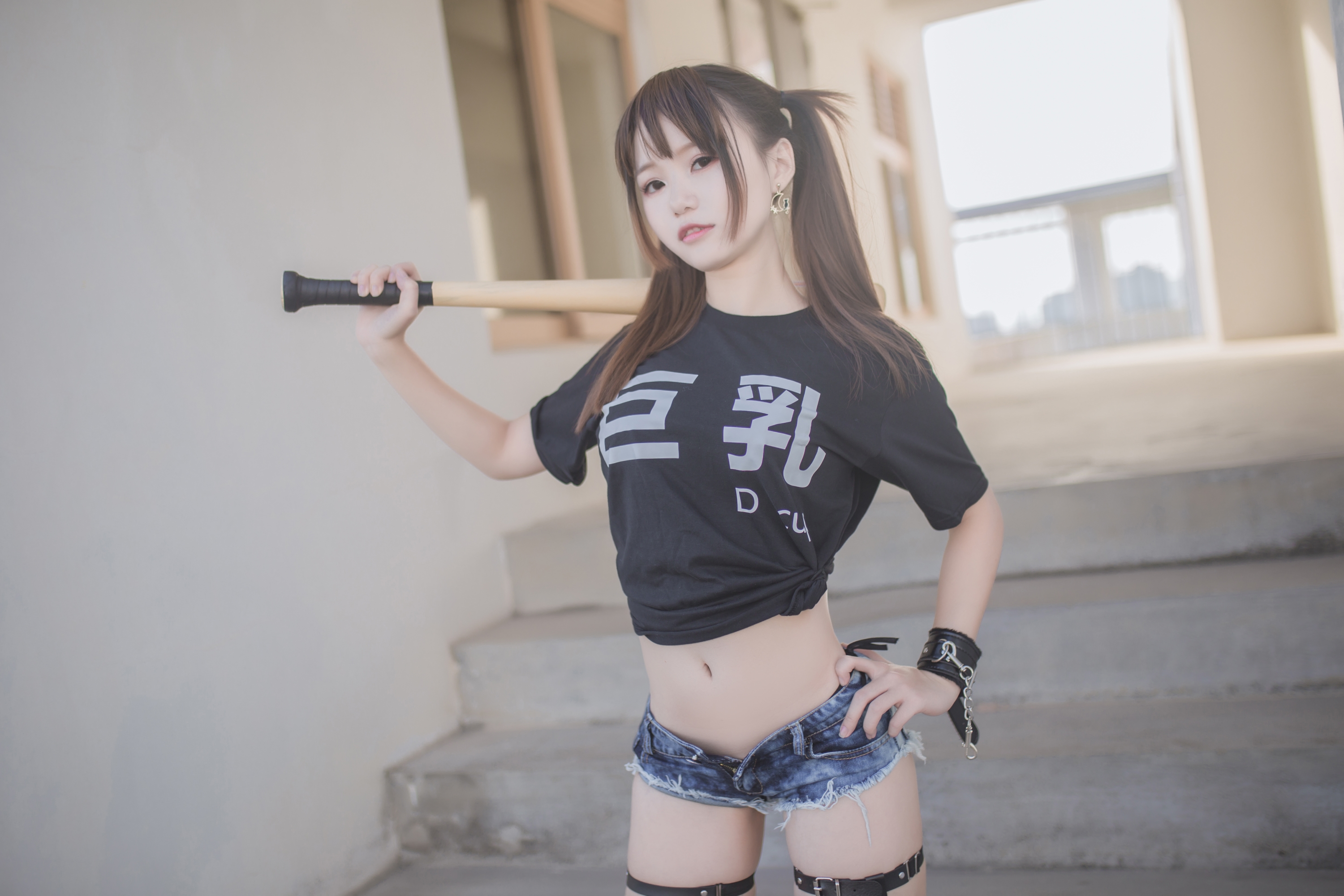 Women Model Asian Brunette Pigtails Looking At Viewer T Shirt Black T Shirt Baseball Bats Portrait S 3000x2000