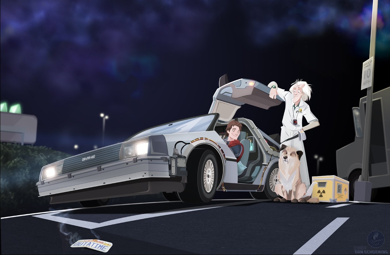 Back To The Future Movies Cartoon Artwork Car Time Machine Marty McFly Sky DeLorean 1263x826