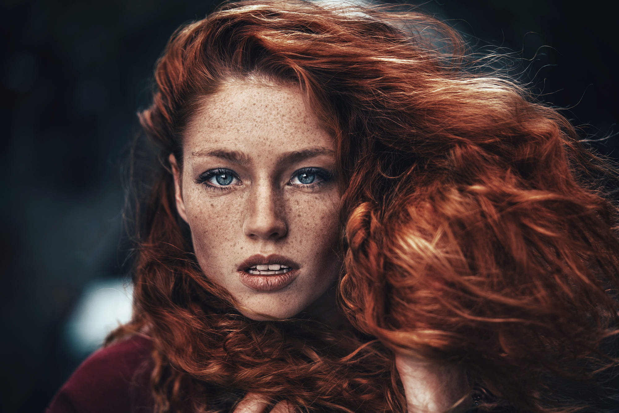 Women Redhead Women Outdoors Freckles Blue Eyes Portrait Hands In Hair Face Open Mouth Bokeh Felix B 2000x1334