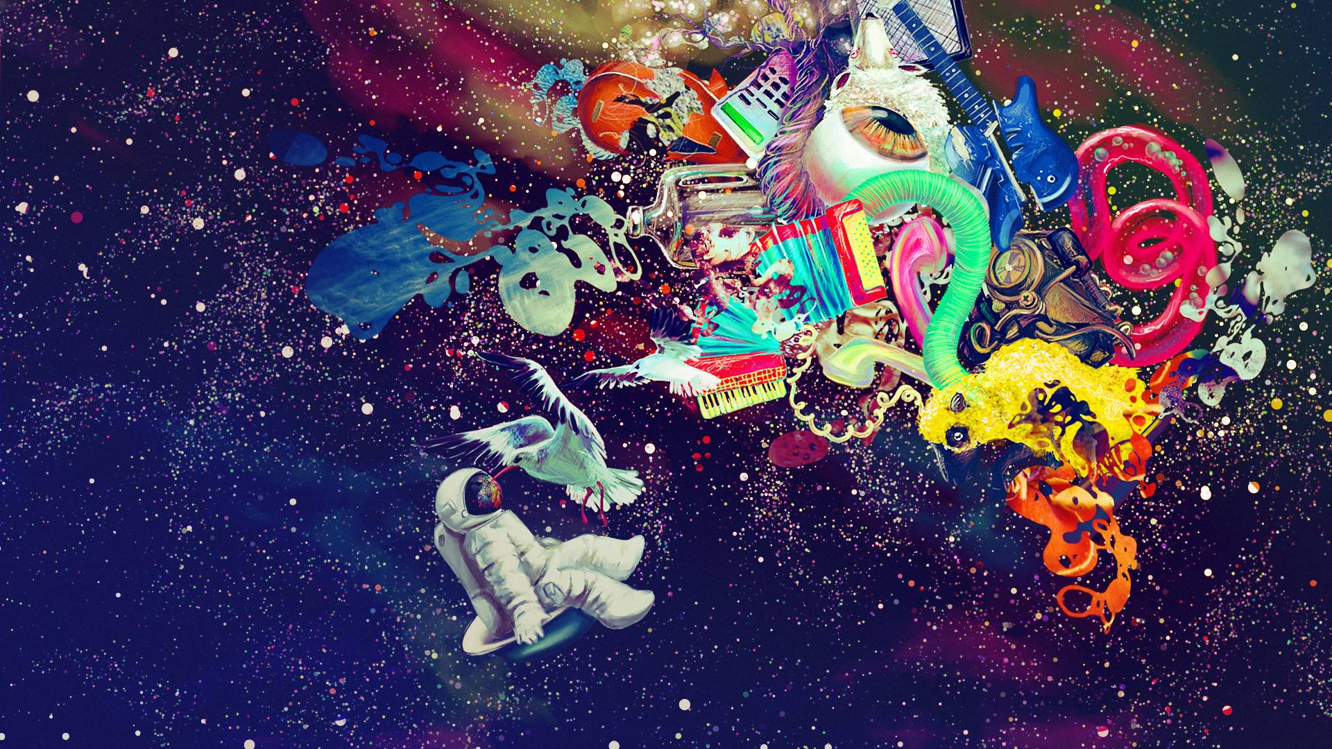Space Colorful Astronaut Psychedelic Digital Art Eyeball Stars Guitar 1920x1080