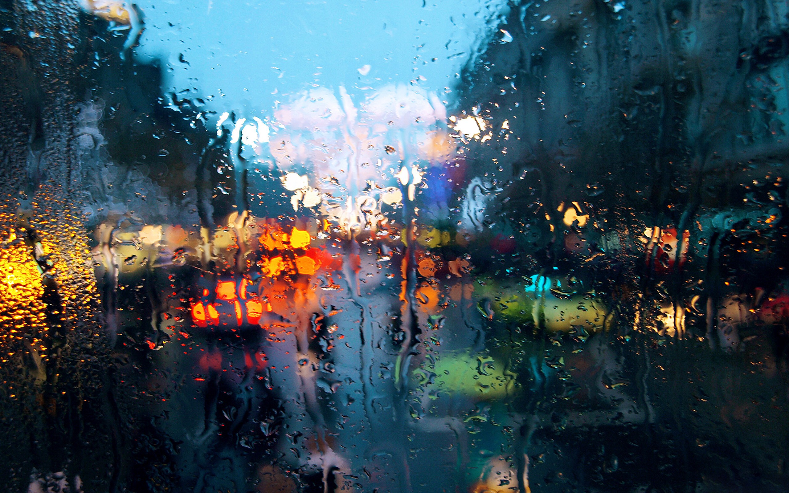 Rain Cityscape Bokeh Water On Glass Headlight Beams Glass 2560x1600