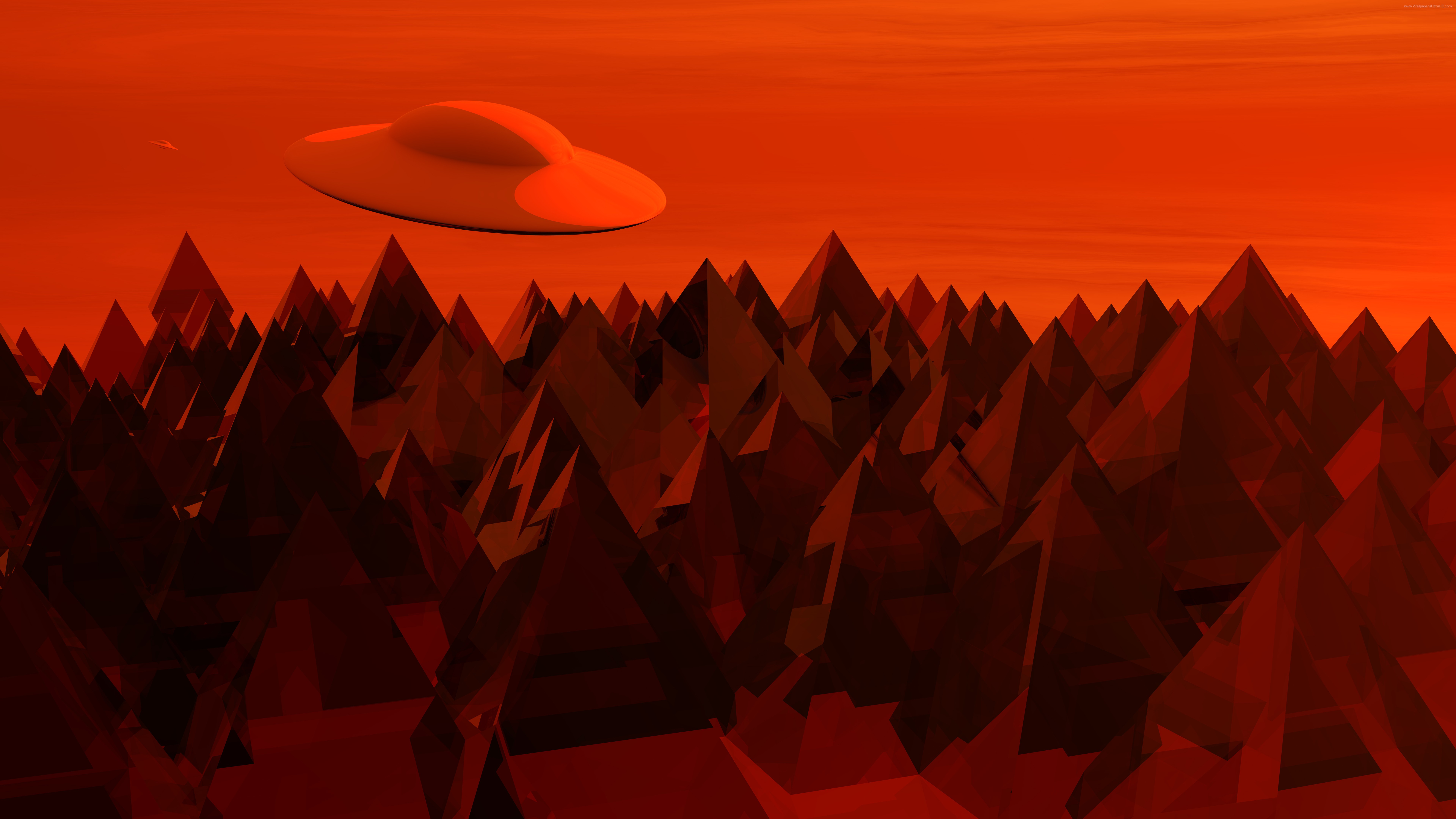 Flying Saucers Mountains Red Sky 7680x4320