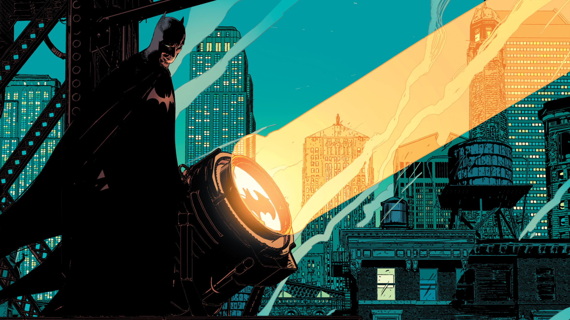Batman DC Comics Comic Art Turquoise Orange Gotham Night Teal 1920x1080