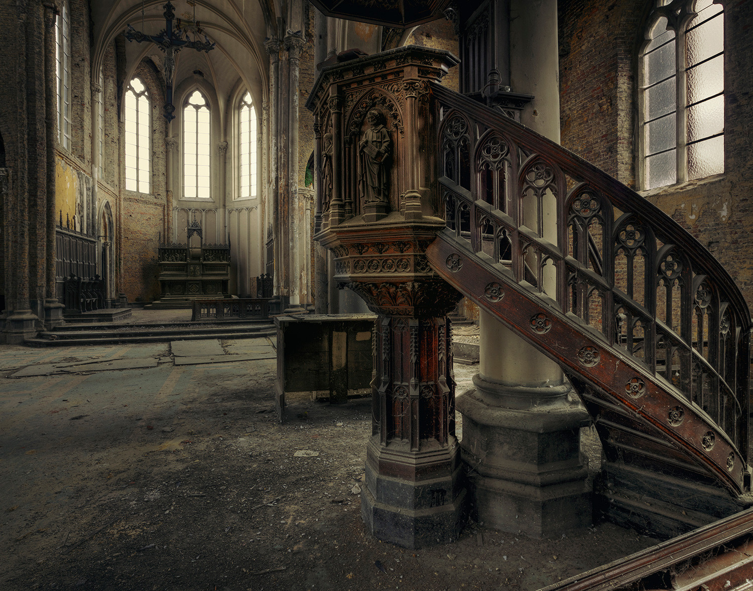 Building Abandoned Interior Cross Church Staircase Ancient Wood Christianity Saint 1500x1178