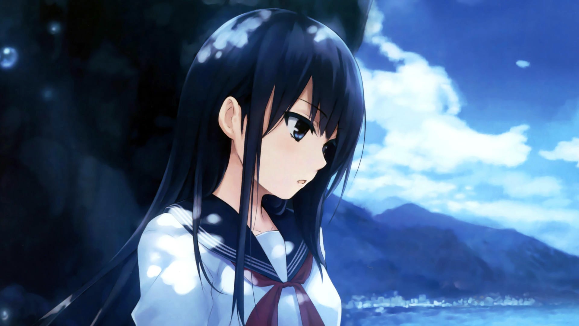 Anime Girls School Uniform Coffee Kizoku Original Characters Dark Hair Mountains Sky Clouds Looking  1920x1080