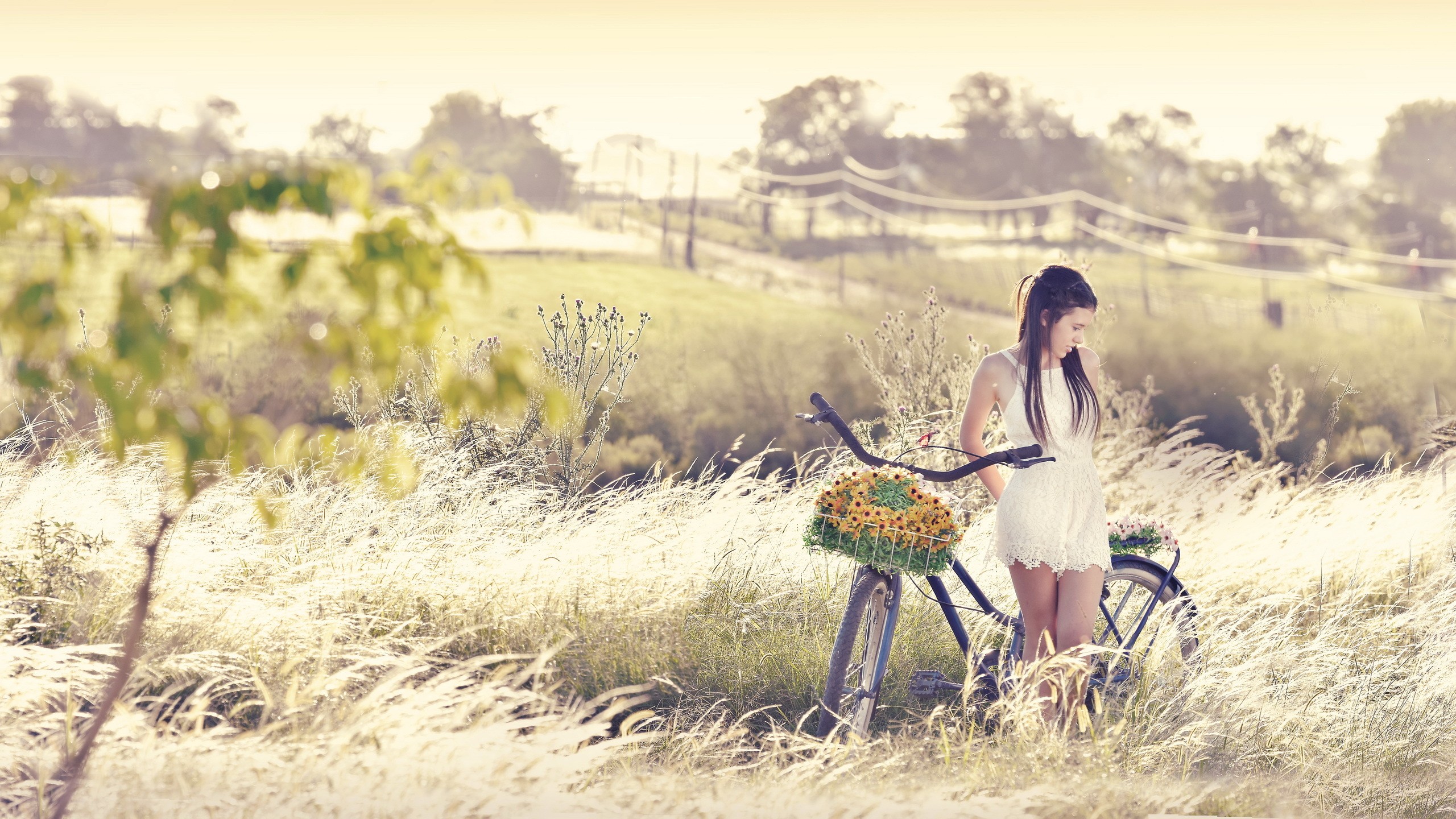 Women Outdoors Women With Bicycles Model Nature Bicycle 2560x1440