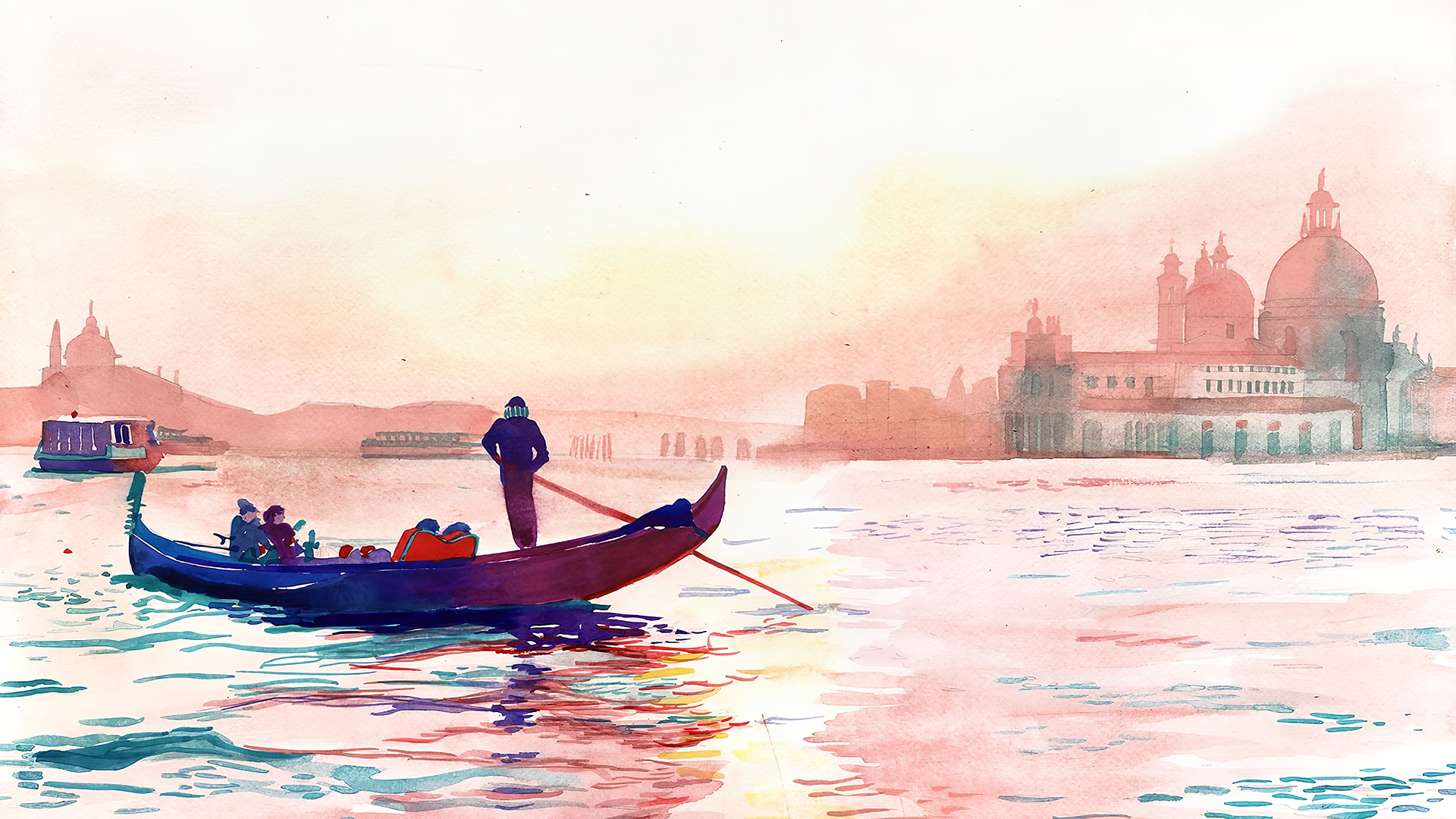 Digital Painting Venice Gondolas Cathedral 1920x1080