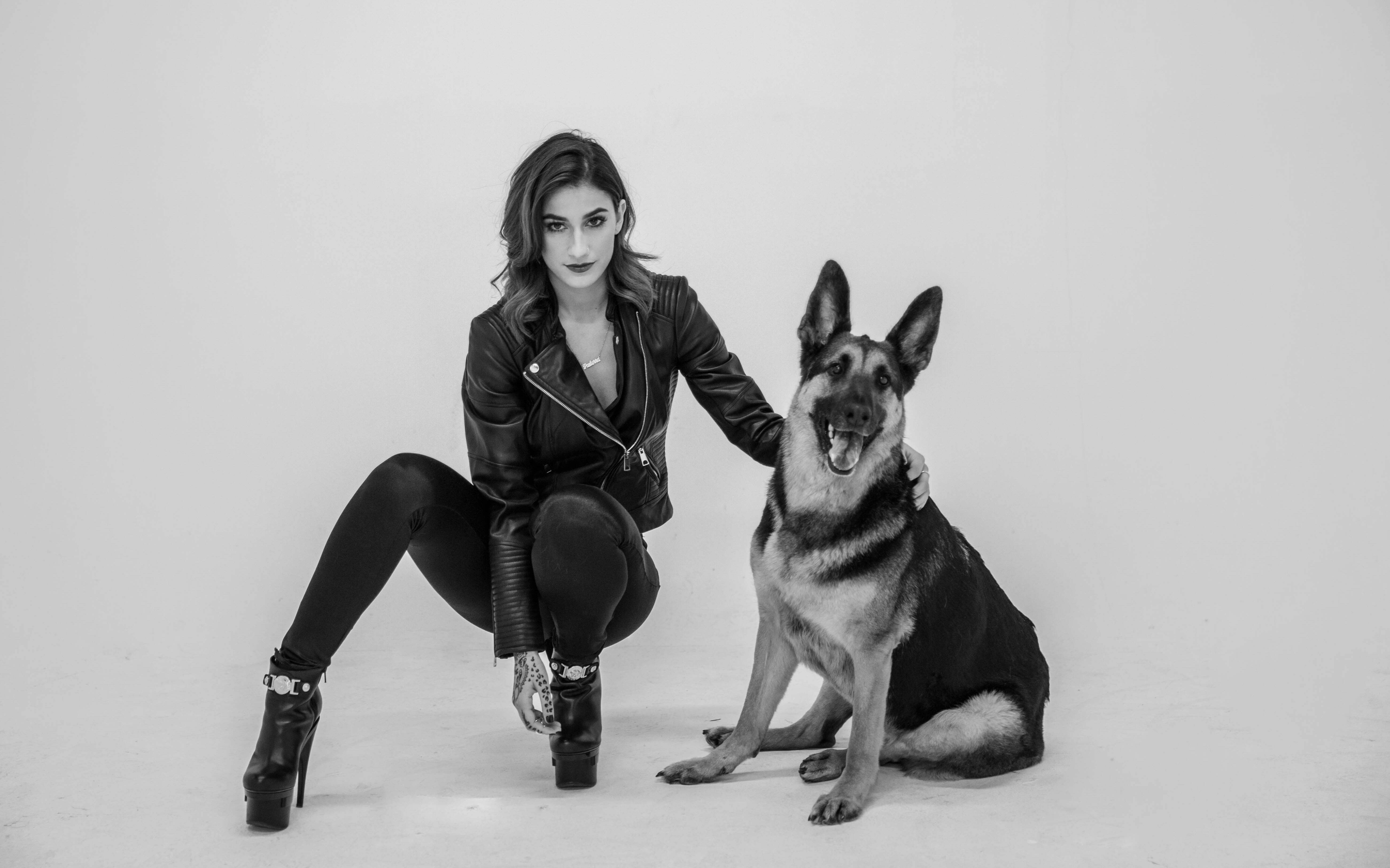 Women Women With Dogs Monochrome German Shepherd 5202x3252