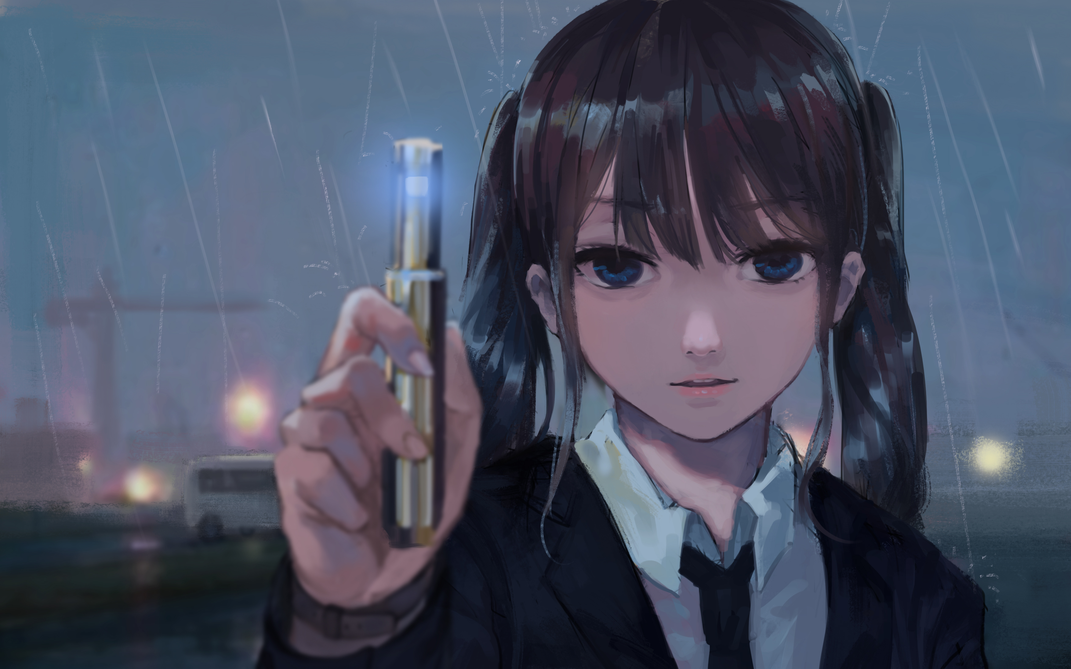 Anime Girls Man In Black Rain Twintails Men In Black 3508x2192