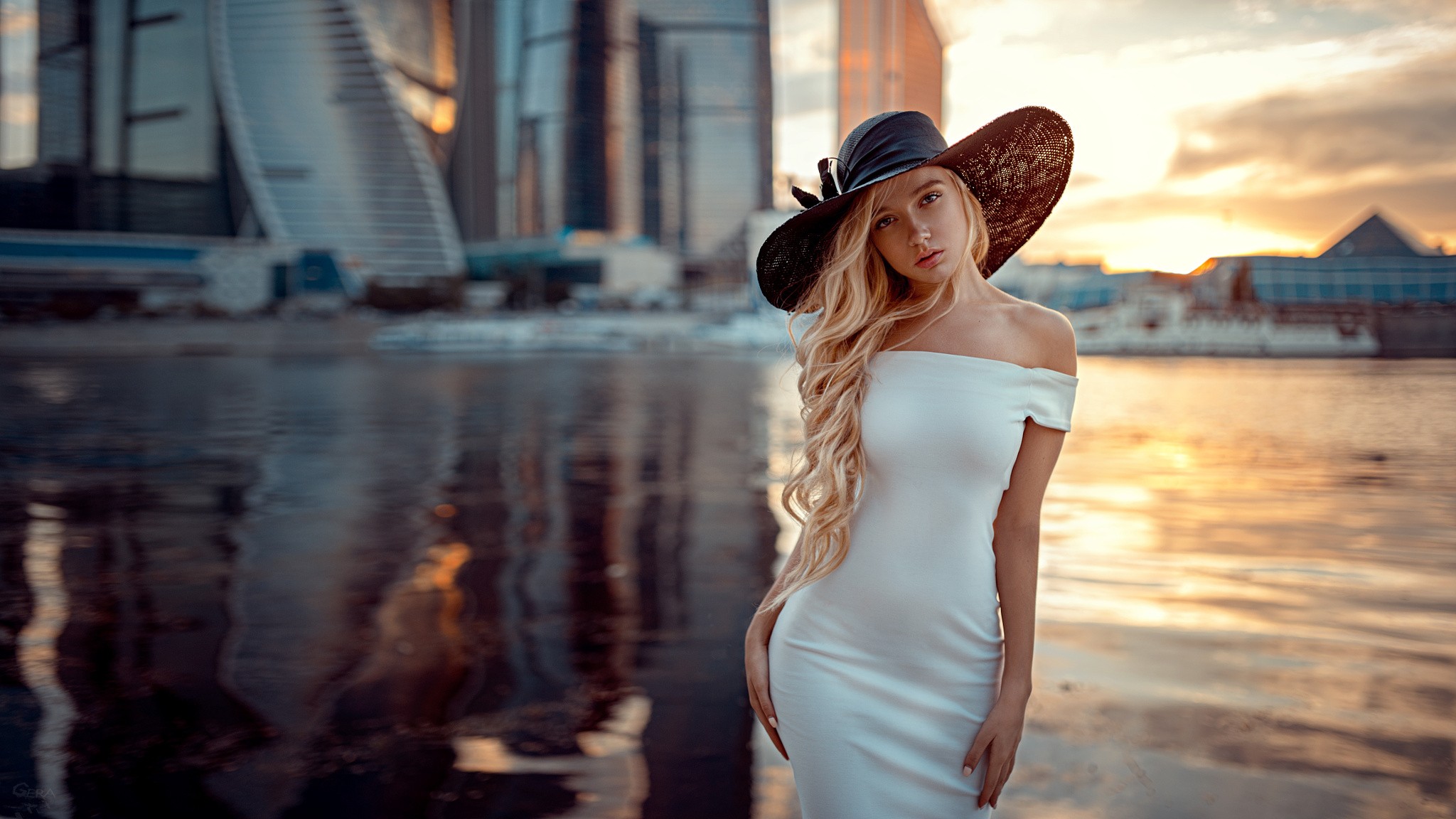 Women Model Blonde Long Hair Dress Hat Looking At Viewer Bare Shoulders Riverside Depth Of Field Wom 2048x1152