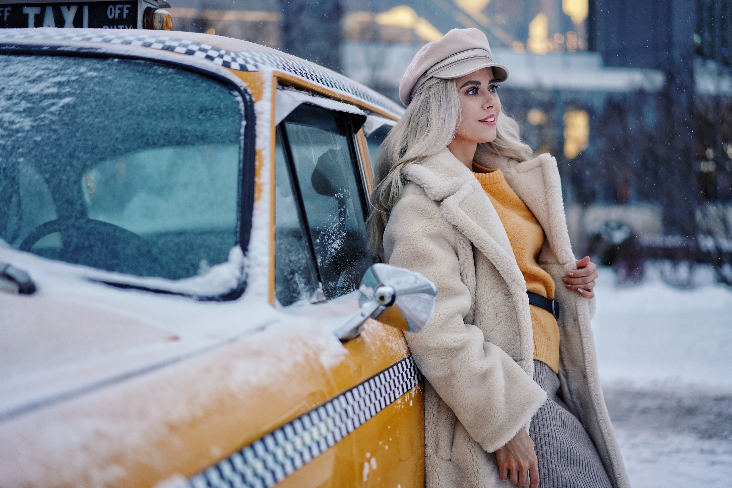 Sergei Churnosov Taxi Snow Women Outdoors Model Urban Yellow Cars Vehicle Blonde Women White Coat Op 2560x1708