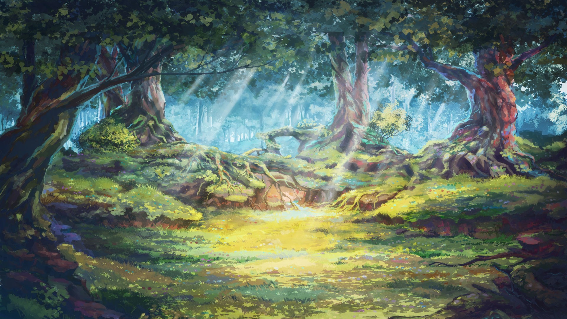 Everlasting Summer Forest Trees Forest Clearing Sun Rays Roots Artwork Sunlight 1920x1080