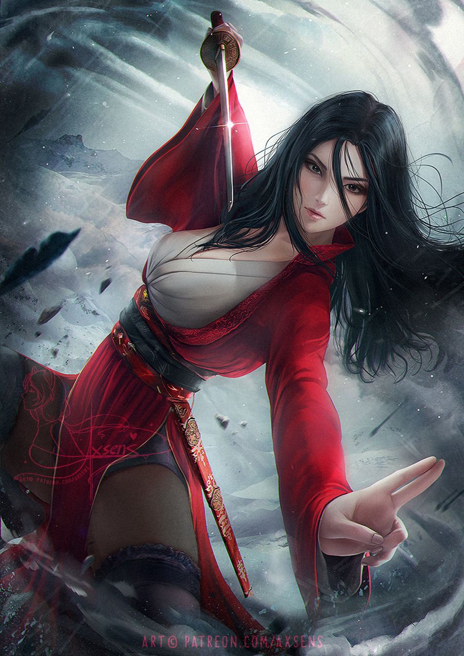 Axsens Drawing Mulan Women Dark Hair Long Hair Weapon Sword Robes Red Clothing Fighting 905x1280
