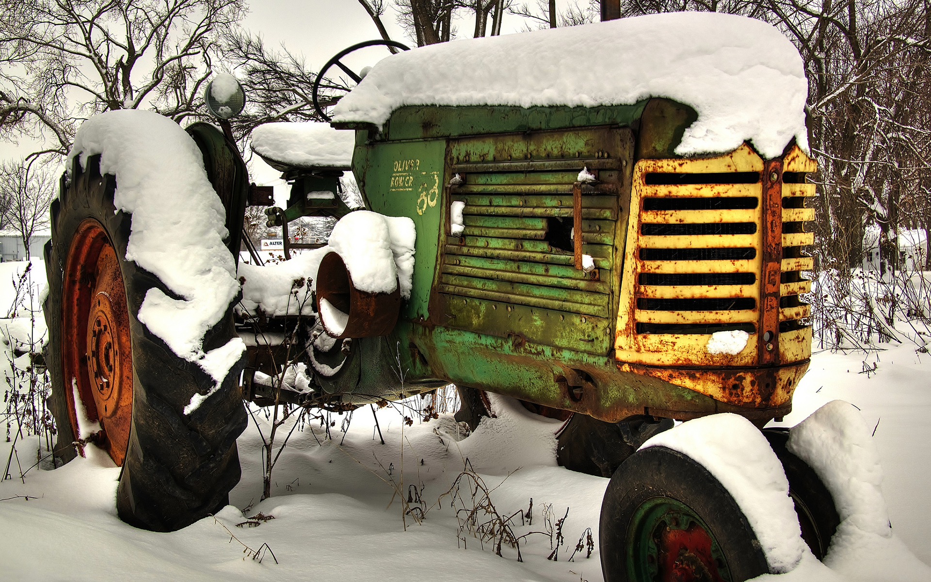 Winter Snow Overcast Rust Tractors Abandoned Heavy Equipment 1920x1200
