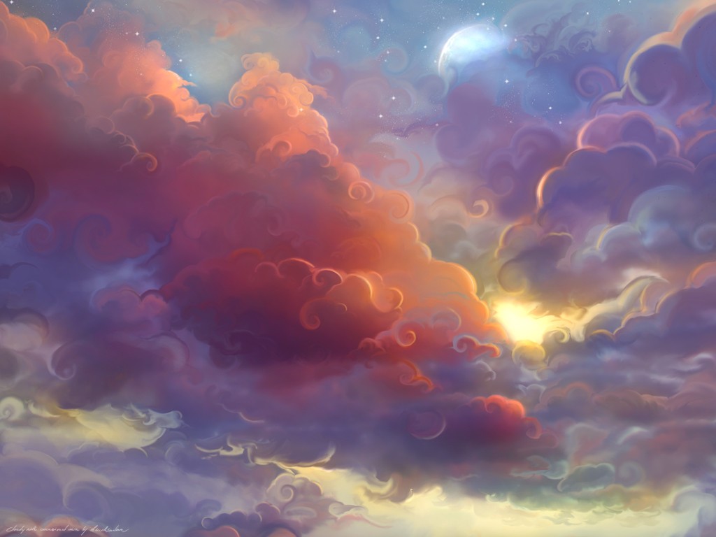 Artwork Clouds Anime Colorful Moon Sun Stars Soft Shading 1024x768