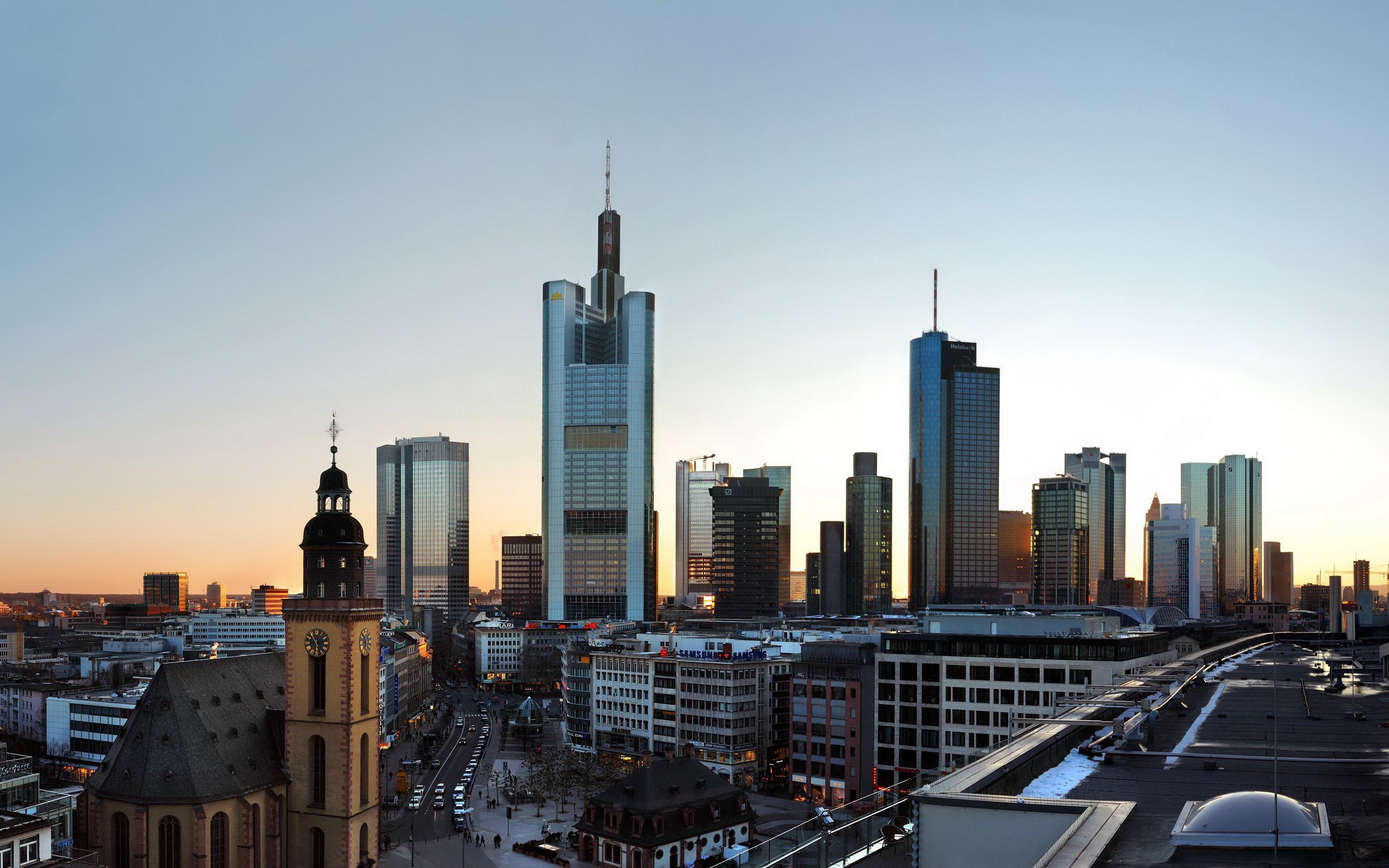Cityscape Skyscraper Sunset Church Rooftops Building City Urban Frankfurt Germany 2560x1600
