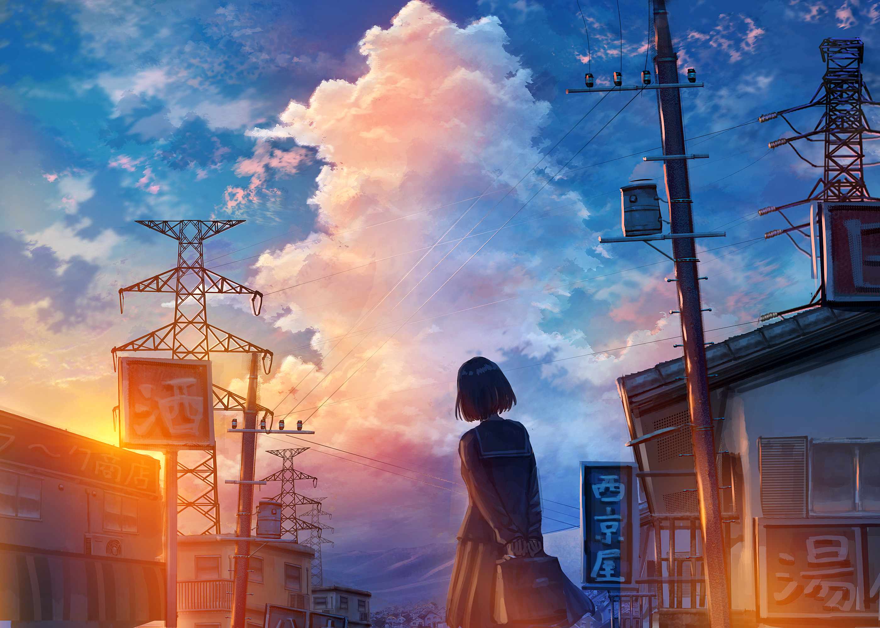 Sunset Clouds Anime Anime Girls Moescape Powerlines 2800x2000