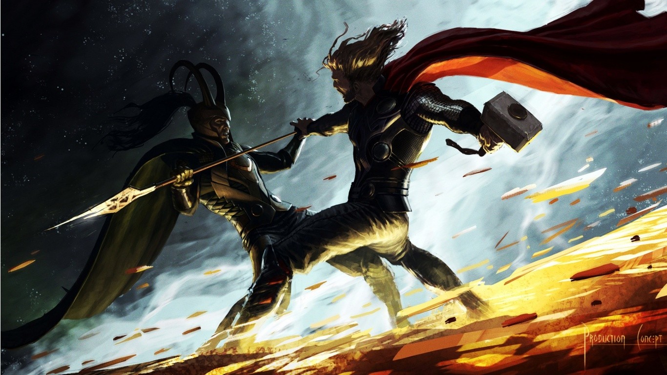 Comics Thor Loki Marvel Comics Concept Art Fighting Brothers 1366x768