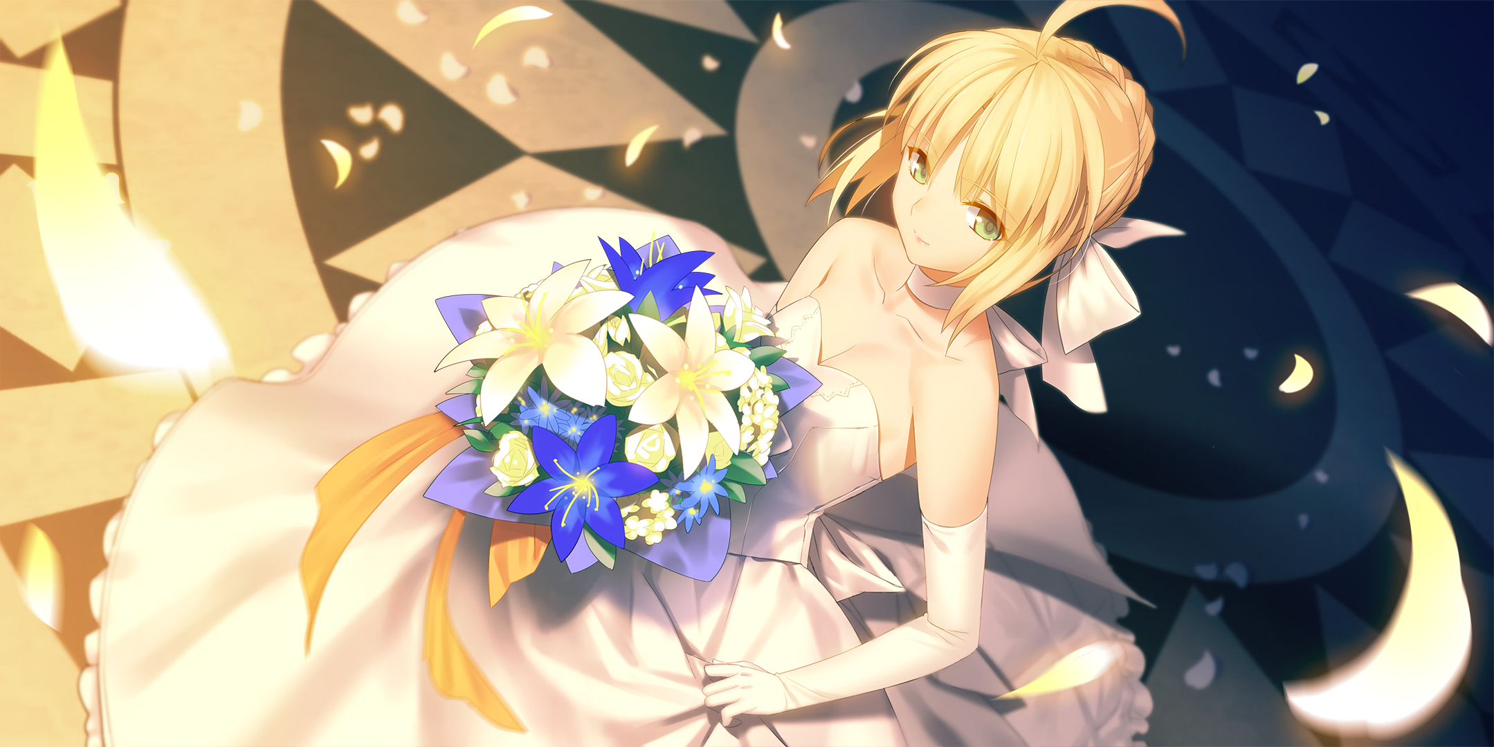 Anime Anime Girls Fate Stay Night Saber Fate Series Blonde Choker Elbow Gloves Flowers Gloves Green  2159x1080