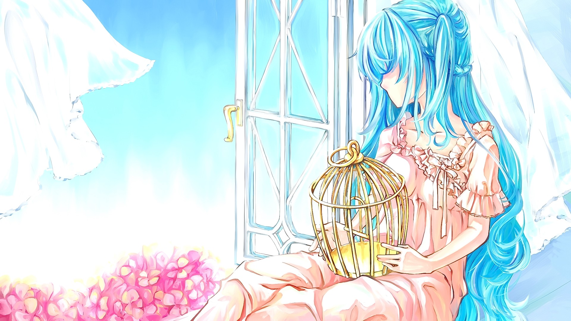 Anime Anime Girls Vocaloid Hatsune Miku Blue Hair Birdcage Window 1920x1080