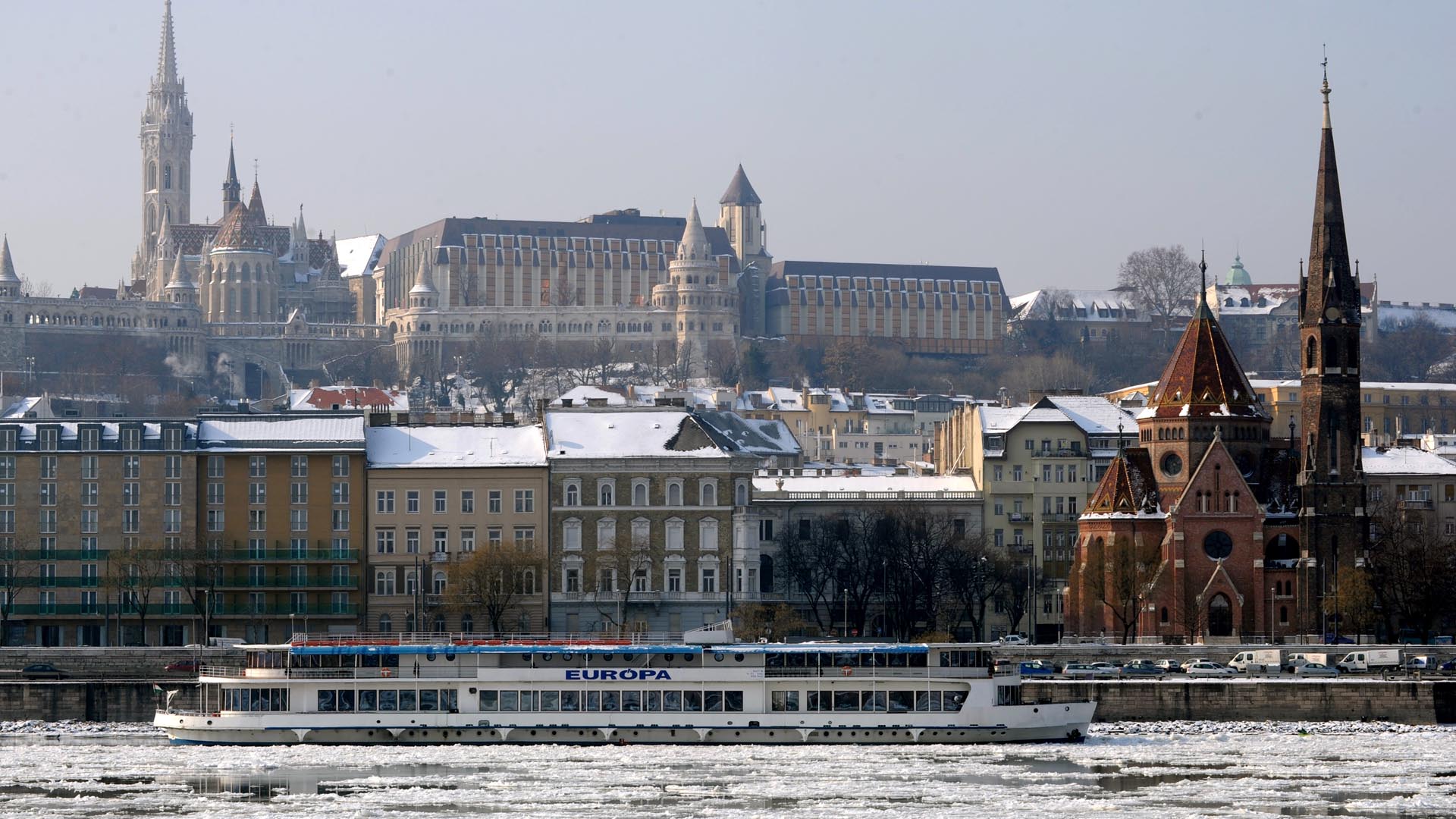 Winter Snow River Hungary Budapest Tower Cruise Ship Church Building Donau Ice Cityscape 1920x1080